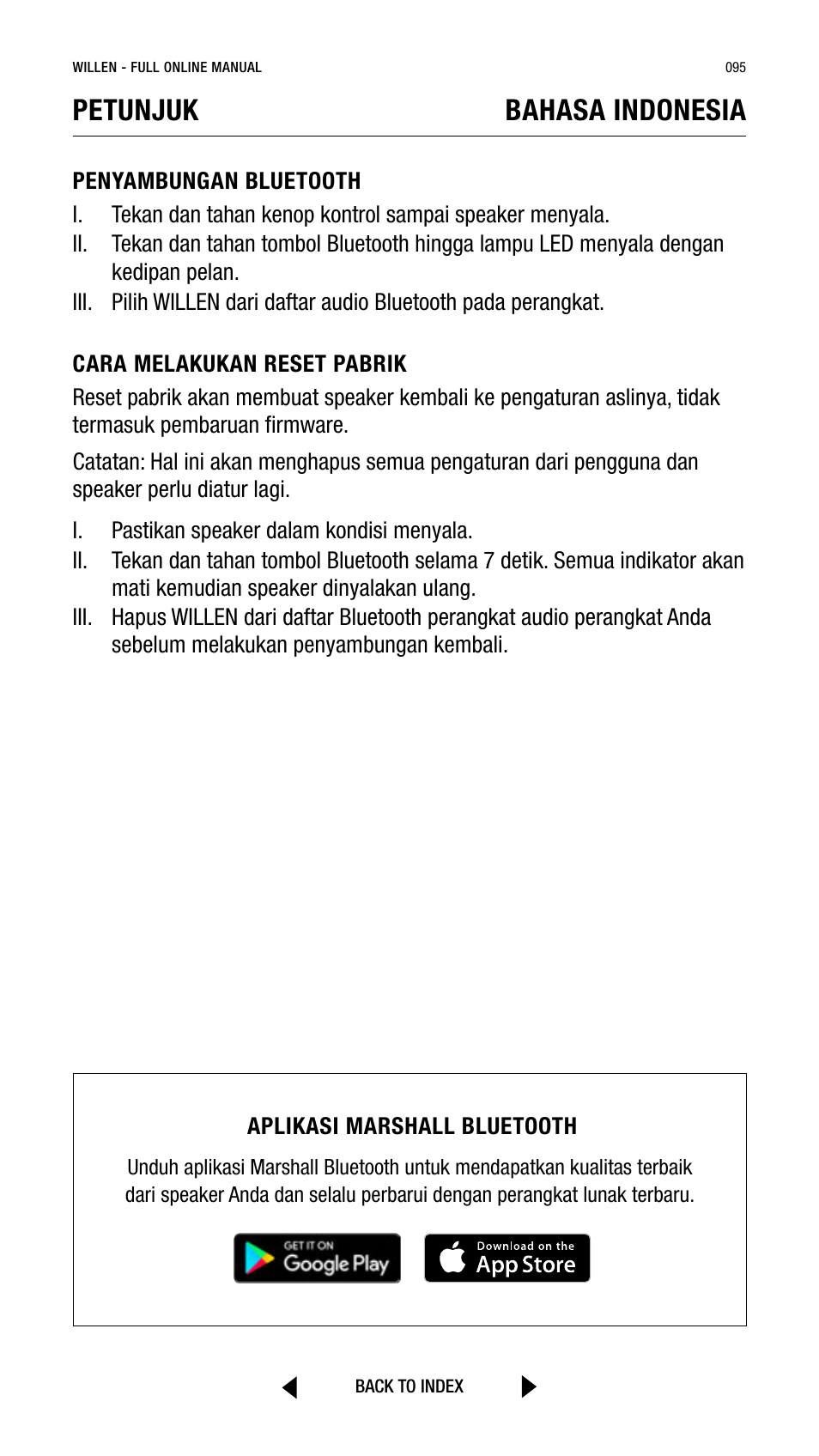 Petunjuk bahasa indonesia | Marshall Willen Portable Bluetooth Speaker (Black & Brass) User Manual | Page 95 / 219
