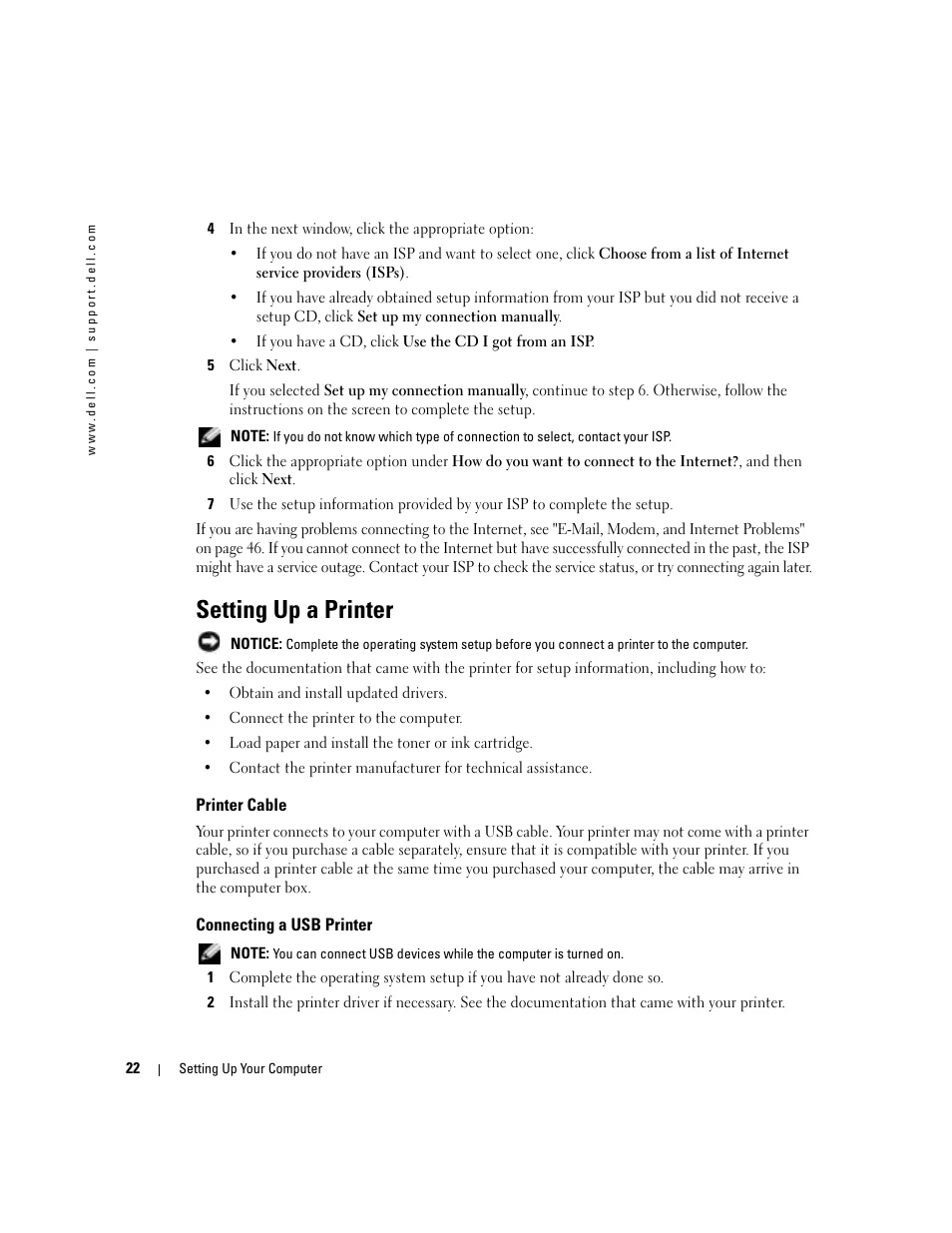 Setting up a printer, Printer cable, Connecting a usb printer | Dell 1000 User Manual | Page 22 / 98