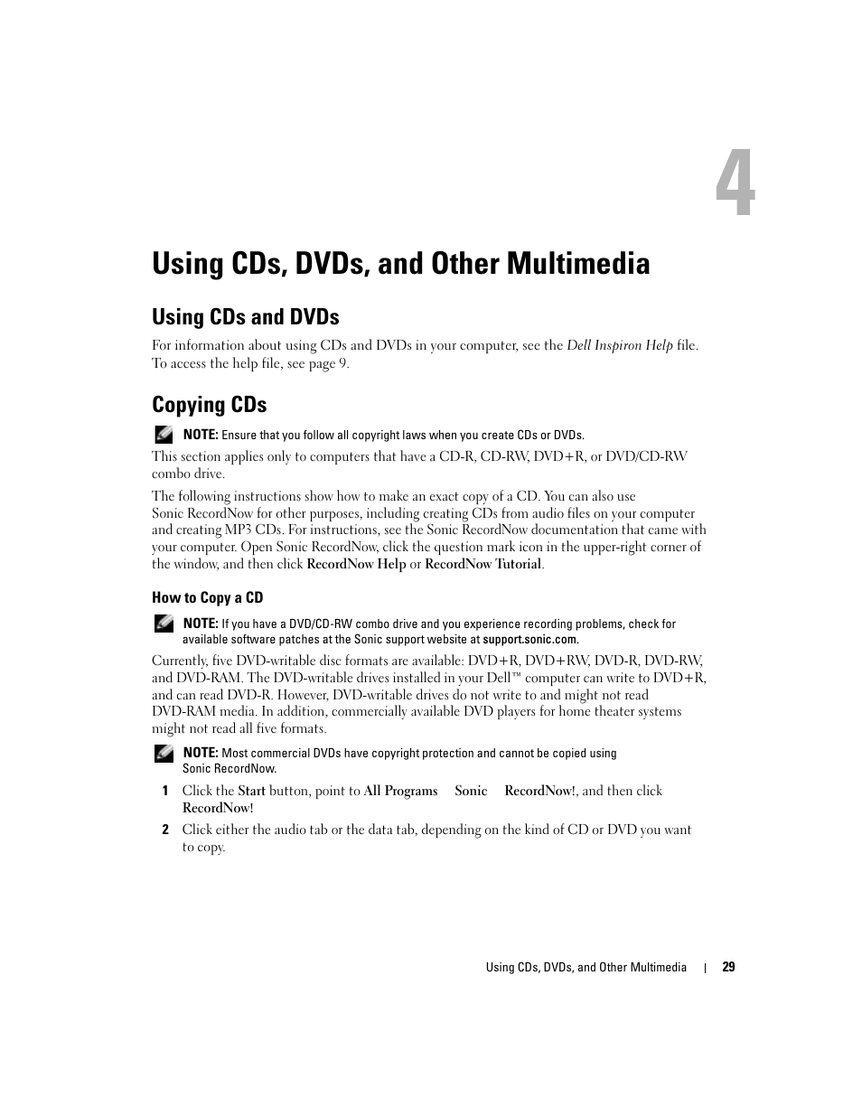Using cds, dvds, and other multimedia, Using cds and dvds, Copying cds | How to copy a cd | Dell 1000 User Manual | Page 29 / 98