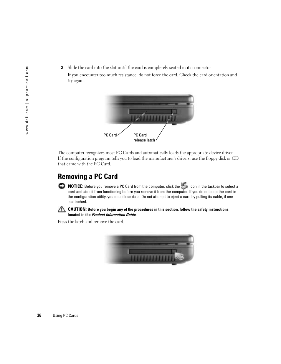 Removing a pc card | Dell 1000 User Manual | Page 36 / 98