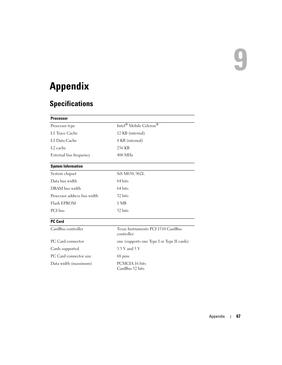 Appendix, Specifications, 10 appendix | Dell 1000 User Manual | Page 67 / 98