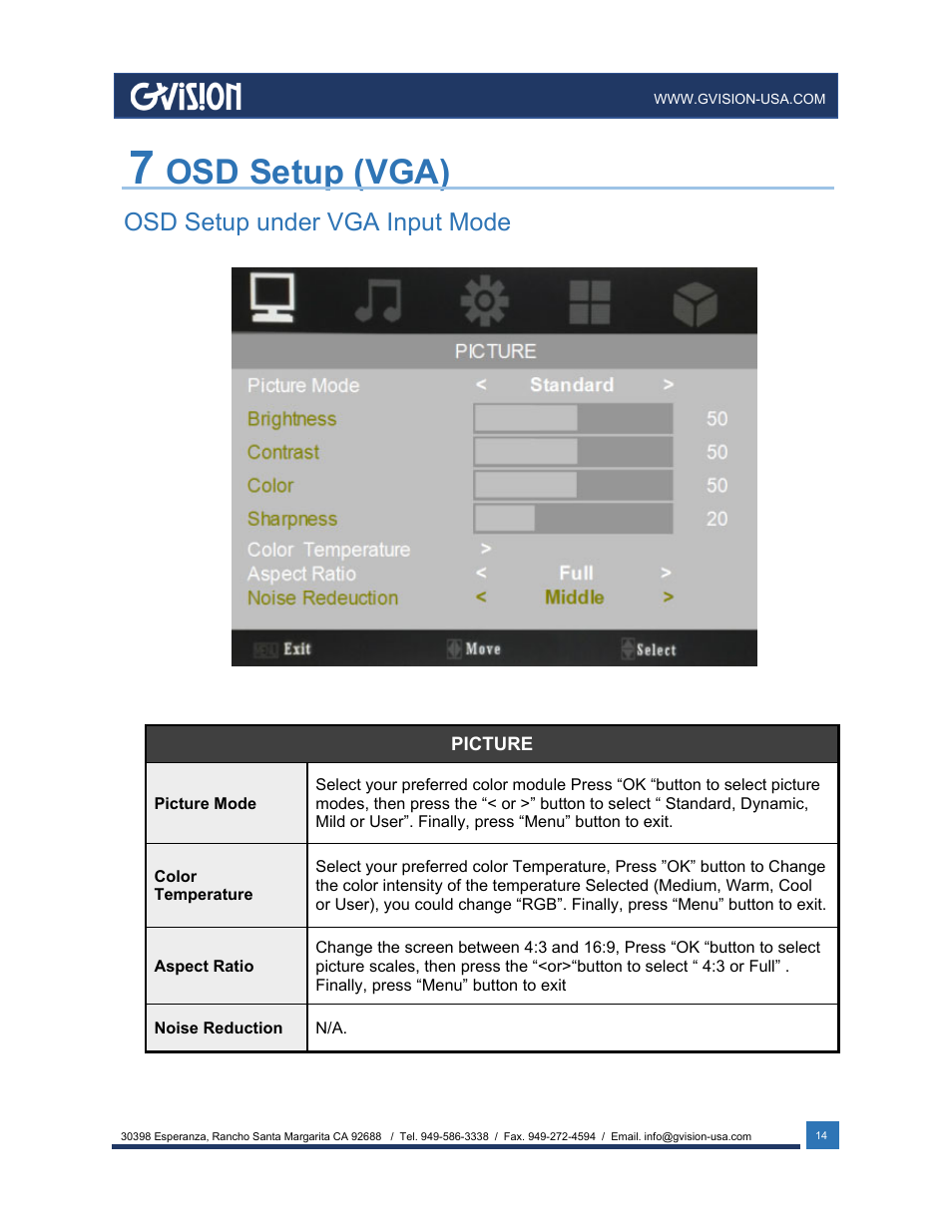 Osd setup (vga), Osd setup under vga input mode | GVision USA IP PVM 23.6" LED-Backlit Surveillance Monitor with 1080p Camera User Manual | Page 14 / 21
