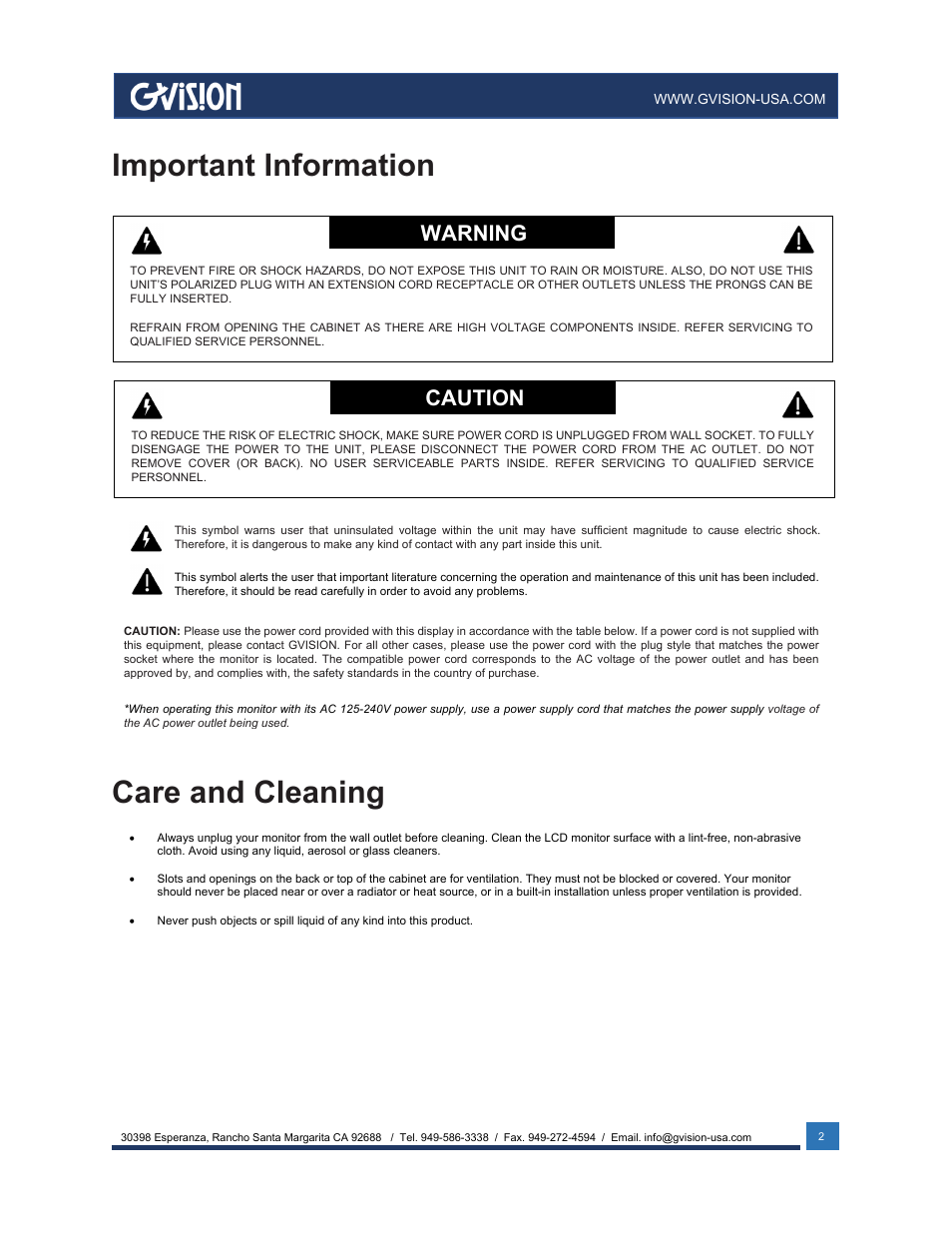 Important information, Care and cleaning, Warning | Caution | GVision USA IP PVM 23.6" LED-Backlit Surveillance Monitor with 1080p Camera User Manual | Page 2 / 21