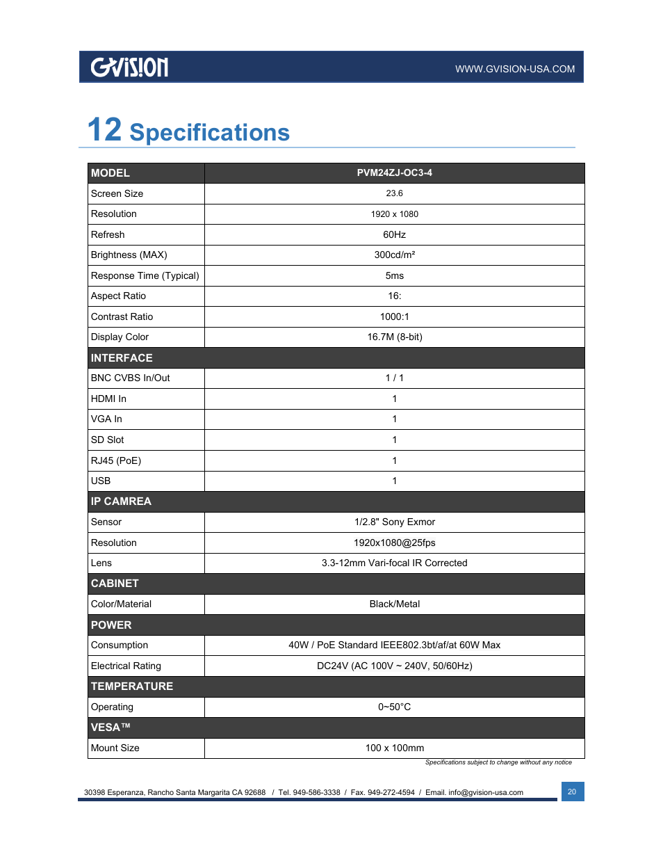 Specifications | GVision USA IP PVM 23.6" LED-Backlit Surveillance Monitor with 1080p Camera User Manual | Page 20 / 21