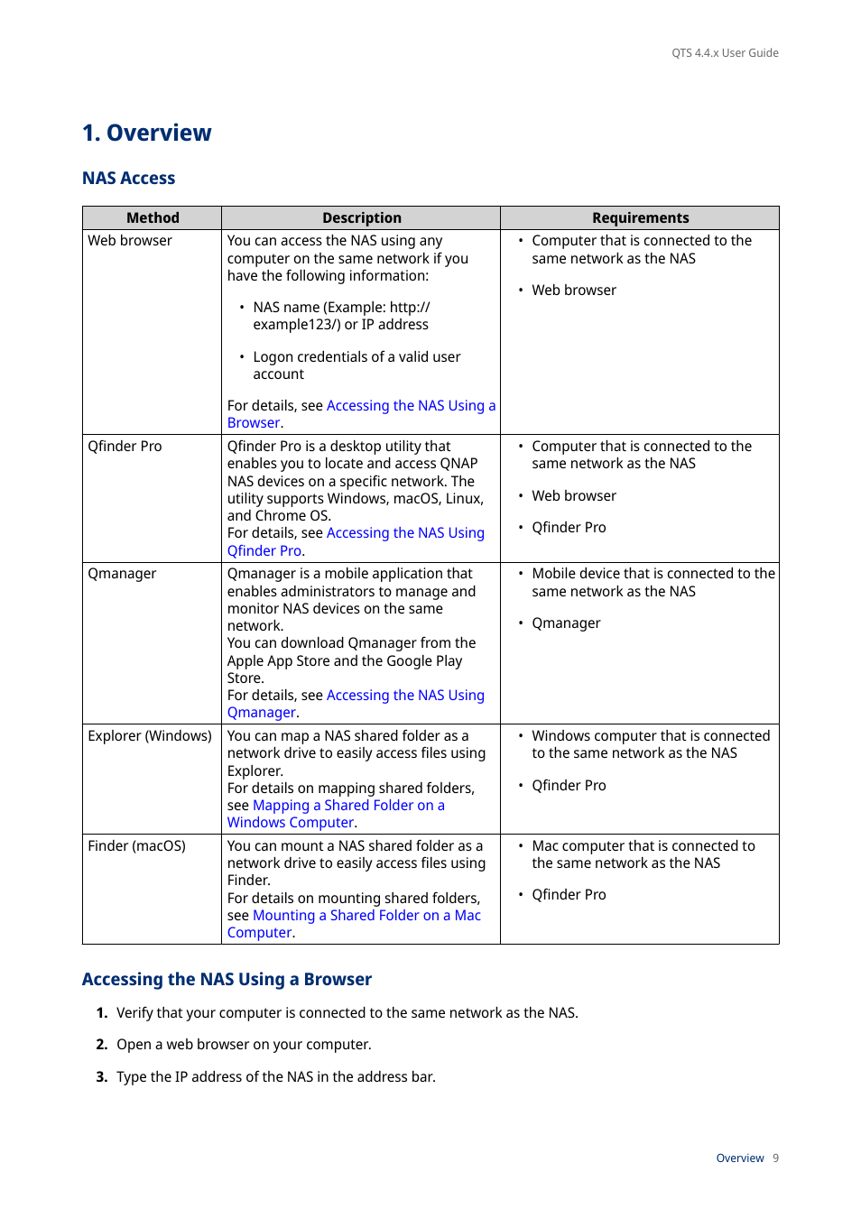 Overview, Nas access, Accessing the nas using a browser | QNAP TVS-472XT 4-Bay NAS Enclosure User Manual | Page 10 / 468