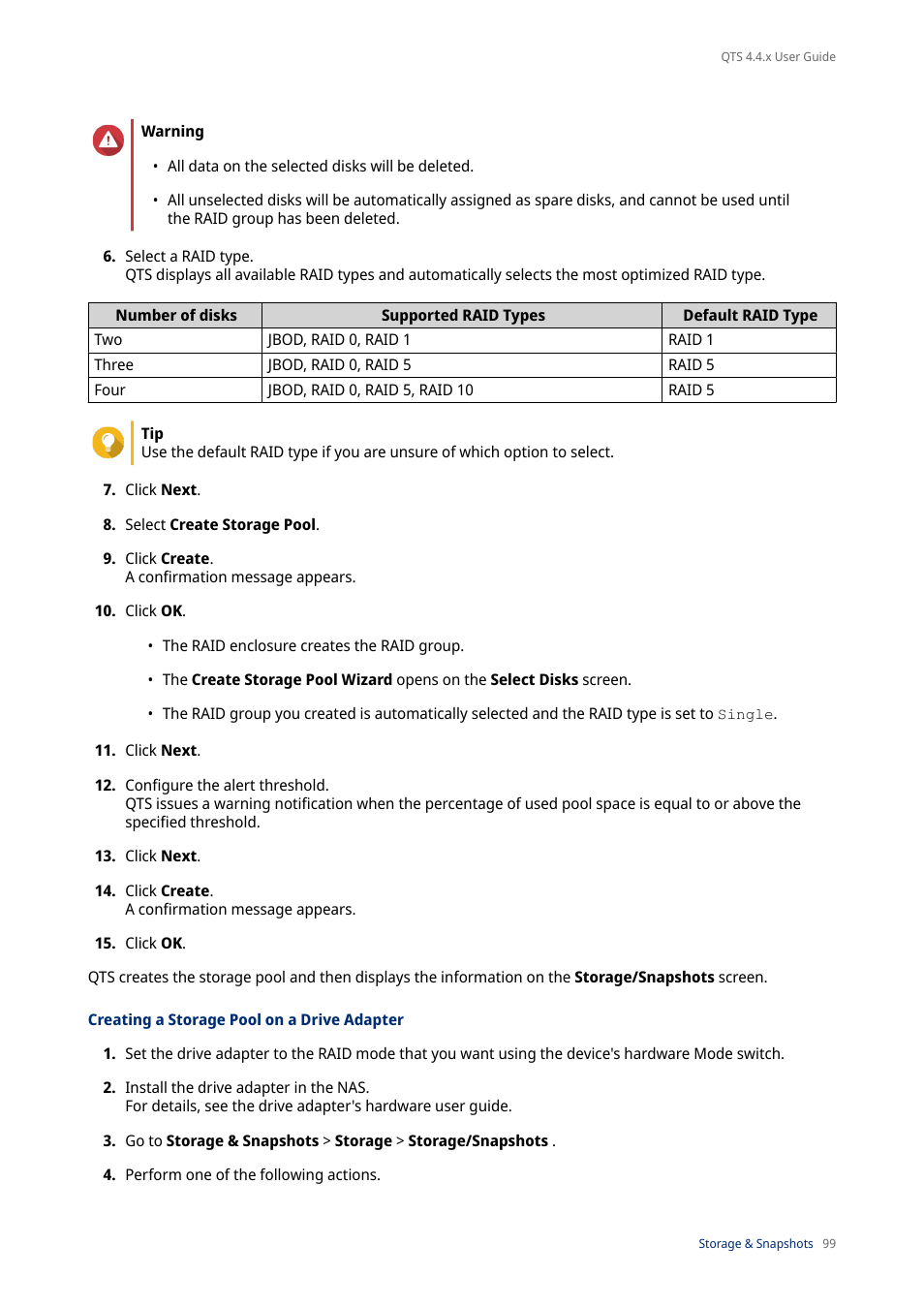 Creating a storage pool on a drive adapter | QNAP TVS-472XT 4-Bay NAS Enclosure User Manual | Page 100 / 468