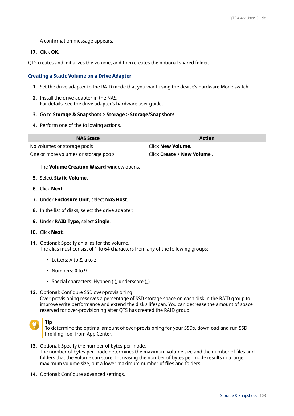 Creating a static volume on a drive adapter | QNAP TVS-472XT 4-Bay NAS Enclosure User Manual | Page 104 / 468