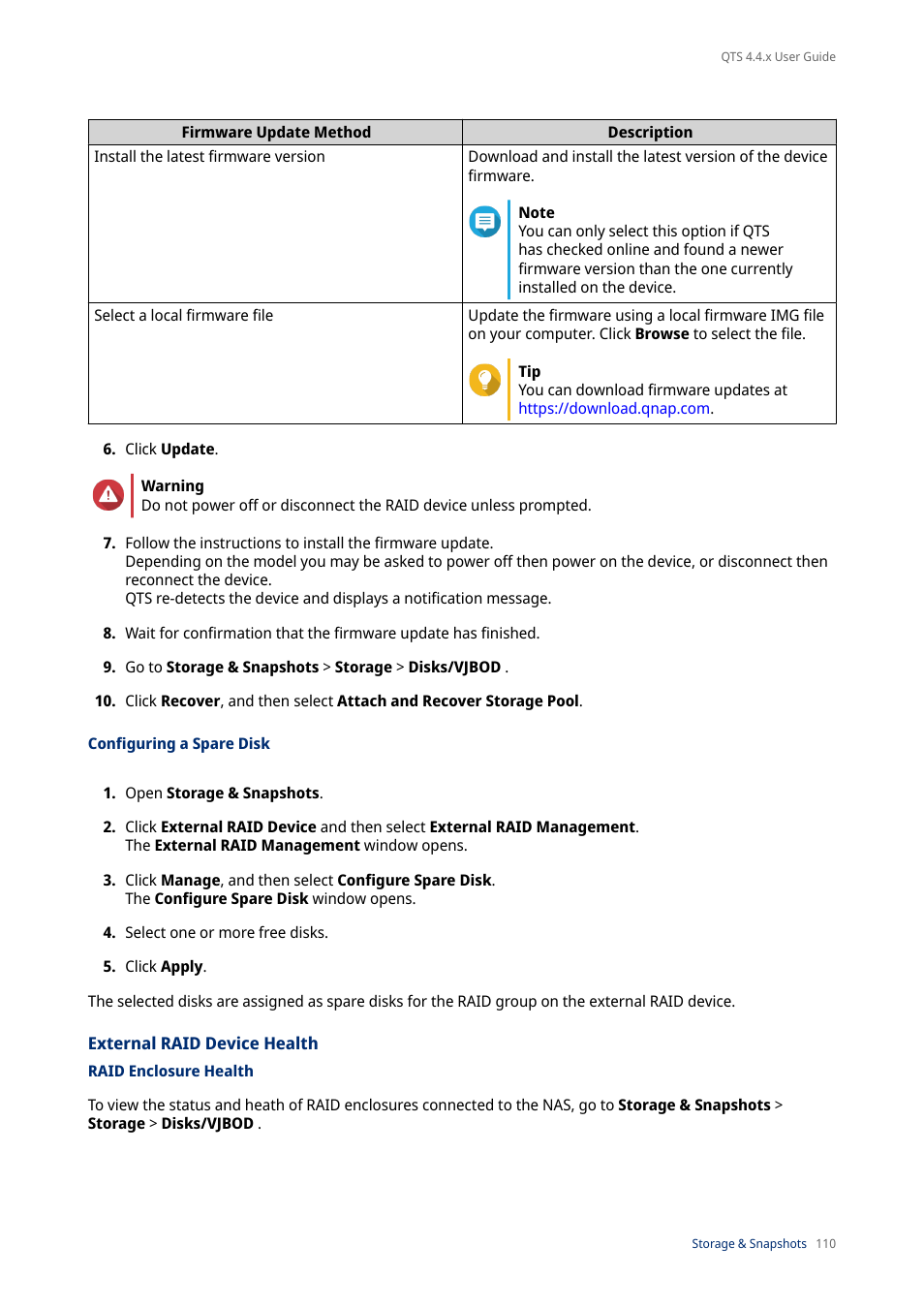 Configuring a spare disk, External raid device health, Raid enclosure health | QNAP TVS-472XT 4-Bay NAS Enclosure User Manual | Page 111 / 468