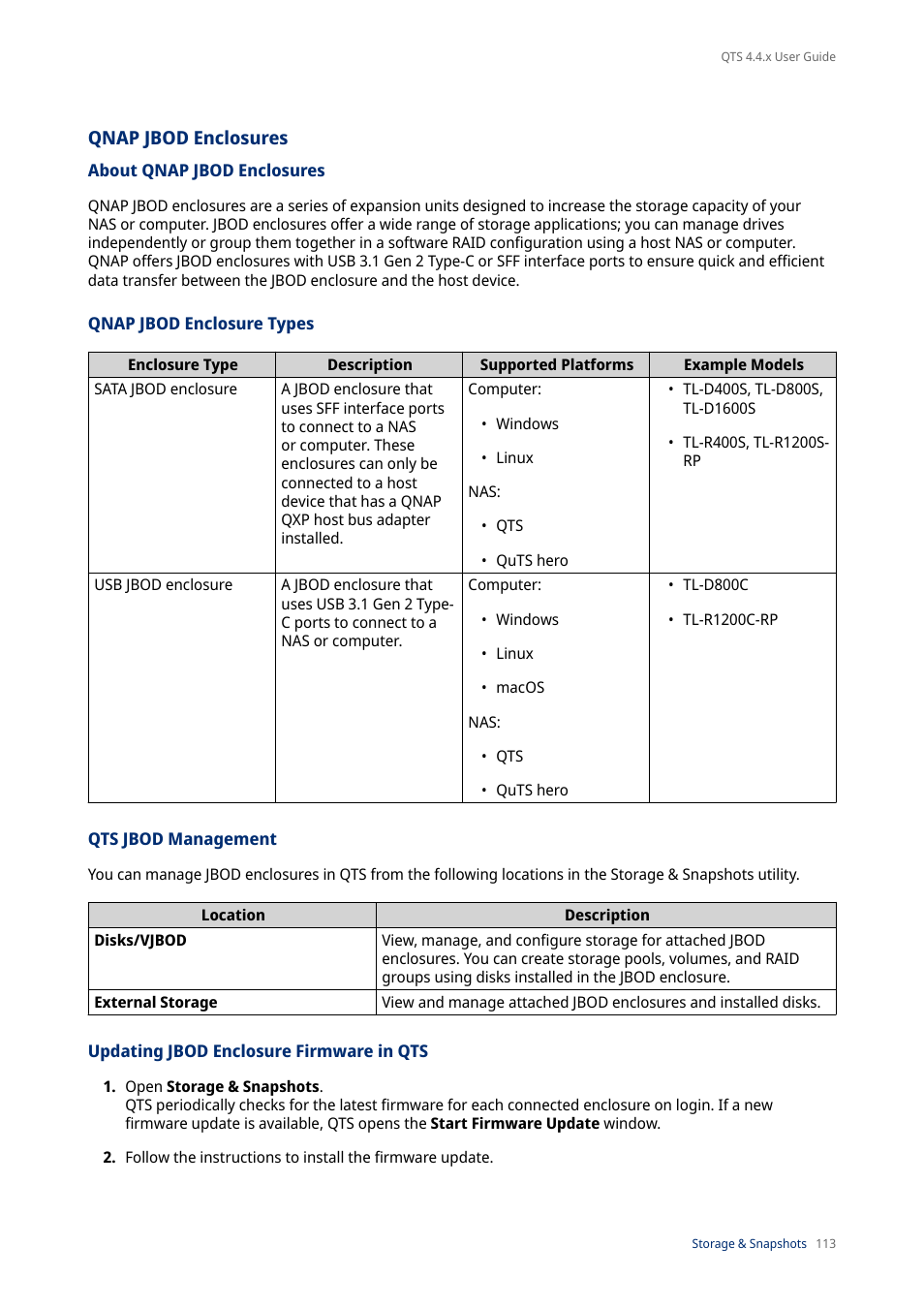 Qnap jbod enclosures, About qnap jbod enclosures, Qnap jbod enclosure types | Qts jbod management, Updating jbod enclosure firmware in qts | QNAP TVS-472XT 4-Bay NAS Enclosure User Manual | Page 114 / 468