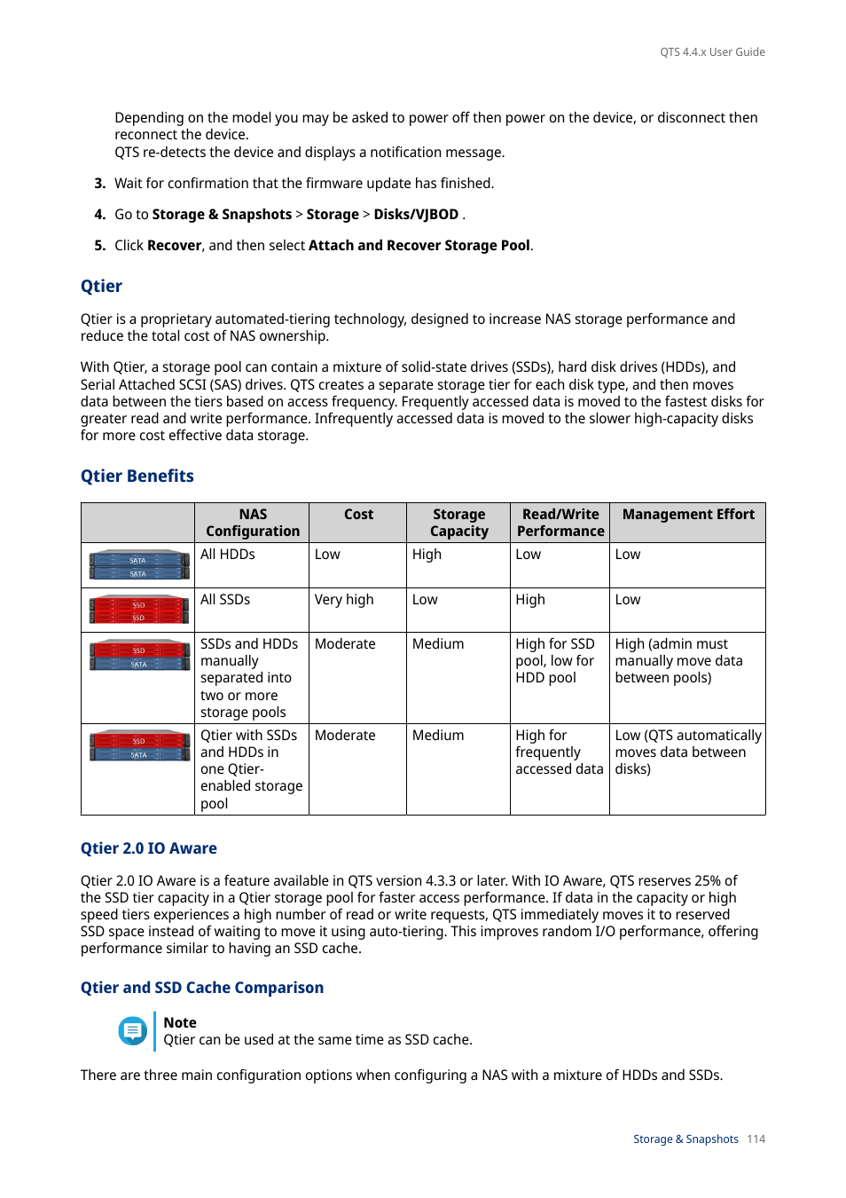 Qtier, Qtier benefits, Qtier 2.0 io aware | Qtier and ssd cache comparison | QNAP TVS-472XT 4-Bay NAS Enclosure User Manual | Page 115 / 468