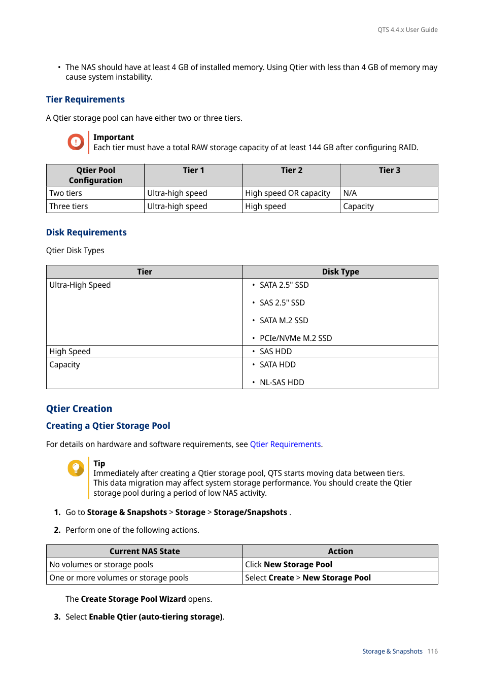 Tier requirements, Disk requirements, Qtier creation | Creating a qtier storage pool | QNAP TVS-472XT 4-Bay NAS Enclosure User Manual | Page 117 / 468
