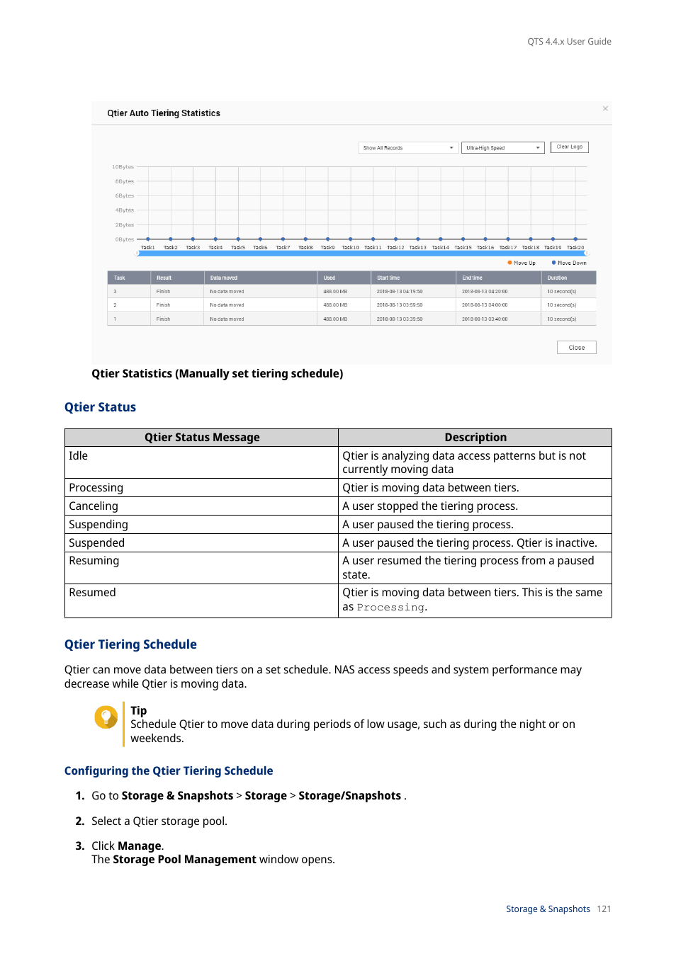 Qtier status, Qtier tiering schedule, Configuring the qtier tiering schedule | Qtier, Status | QNAP TVS-472XT 4-Bay NAS Enclosure User Manual | Page 122 / 468