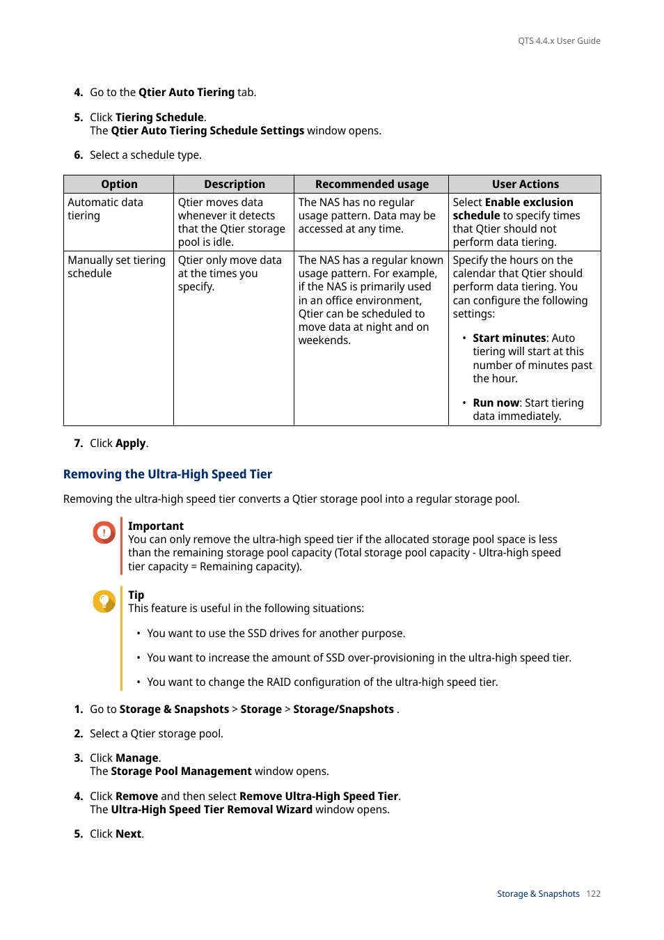 Removing the ultra-high speed tier | QNAP TVS-472XT 4-Bay NAS Enclosure User Manual | Page 123 / 468