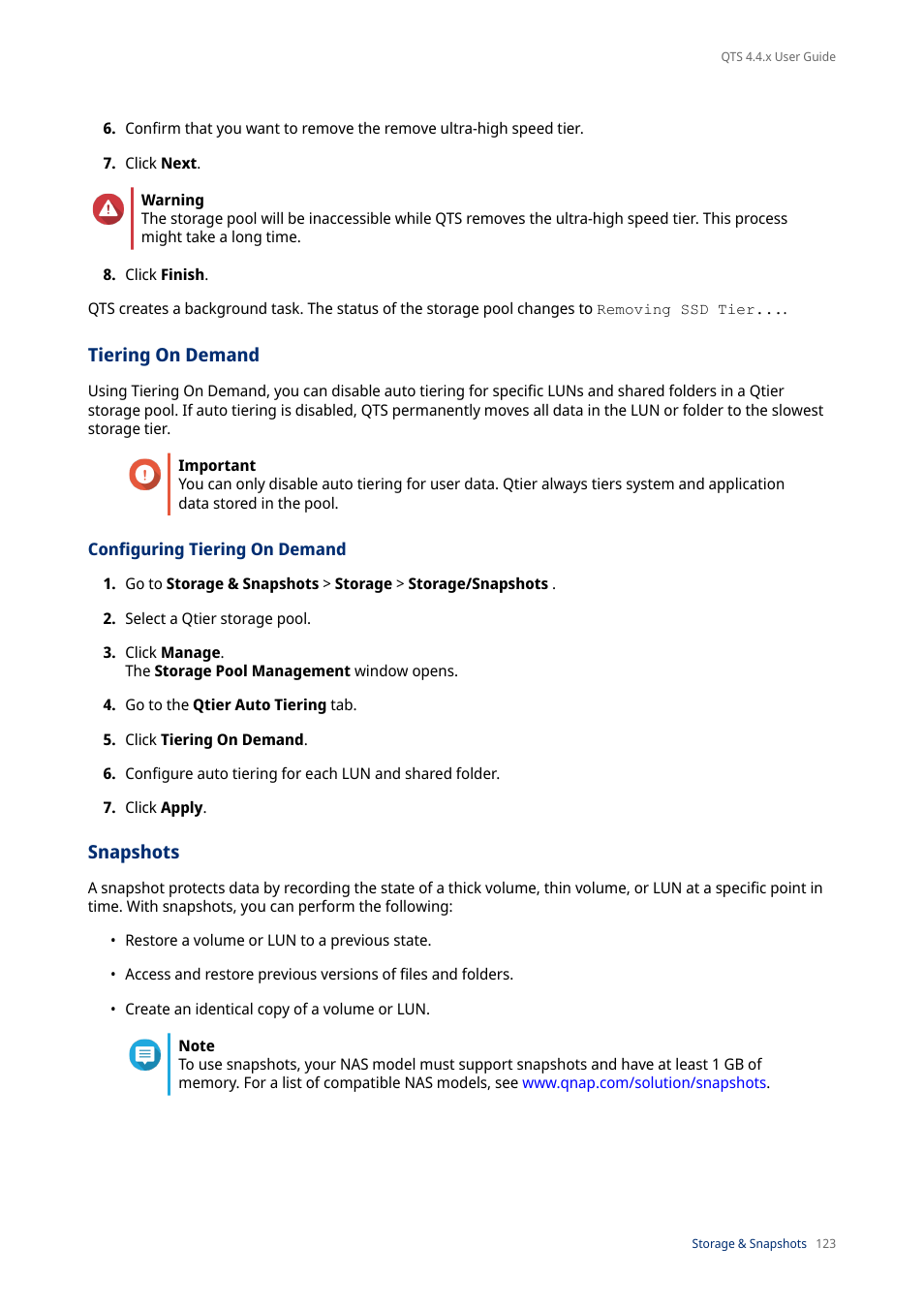 Tiering on demand, Configuring tiering on demand, Snapshots | Perform auto tiering on. for details, see, Configuring | QNAP TVS-472XT 4-Bay NAS Enclosure User Manual | Page 124 / 468