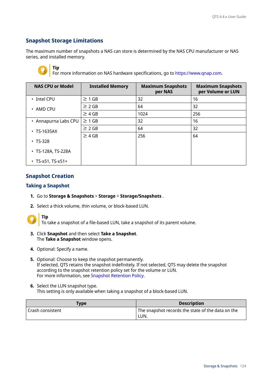 Snapshot storage limitations, Snapshot creation, Taking a snapshot | QNAP TVS-472XT 4-Bay NAS Enclosure User Manual | Page 125 / 468