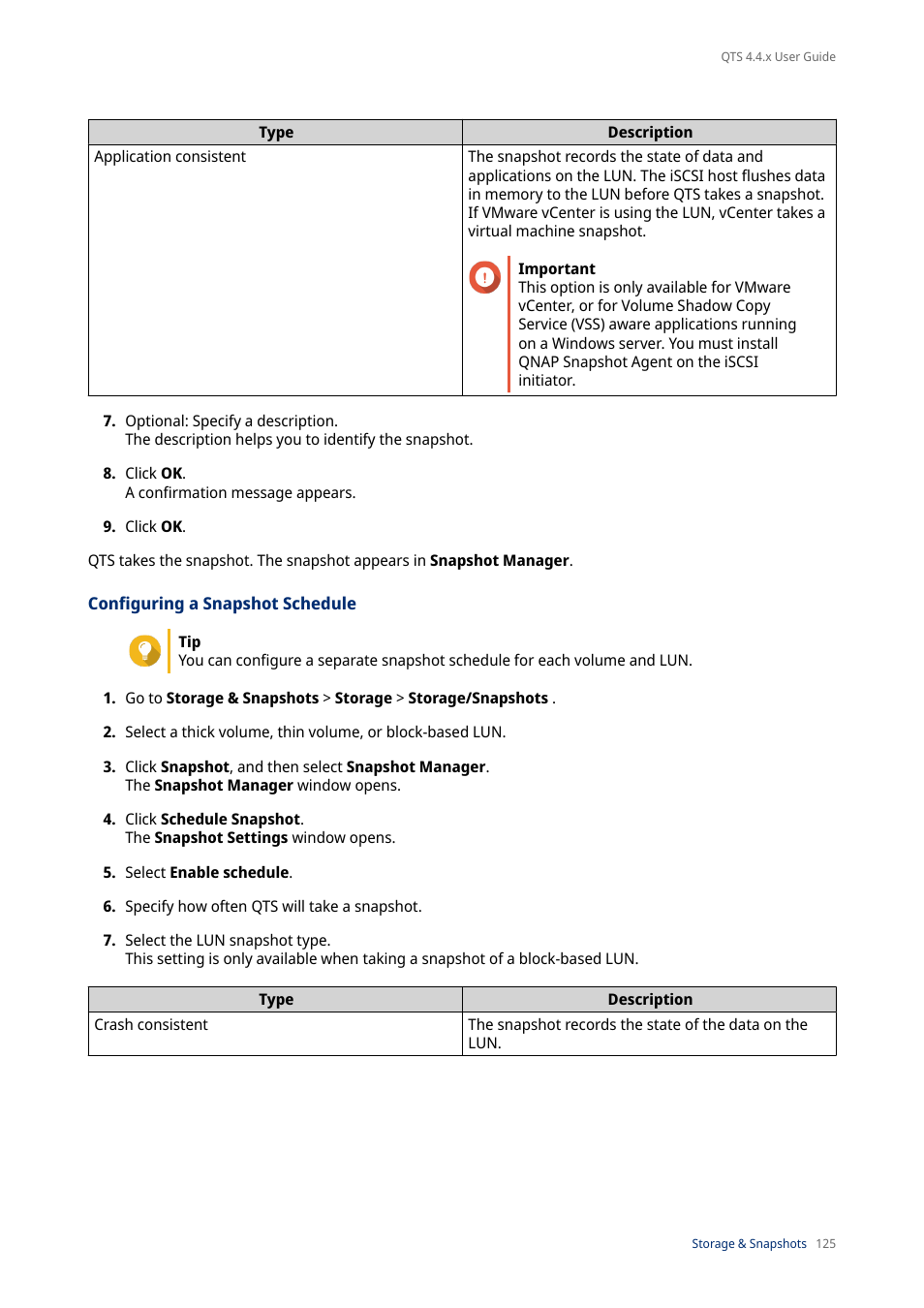 Configuring a snapshot schedule | QNAP TVS-472XT 4-Bay NAS Enclosure User Manual | Page 126 / 468
