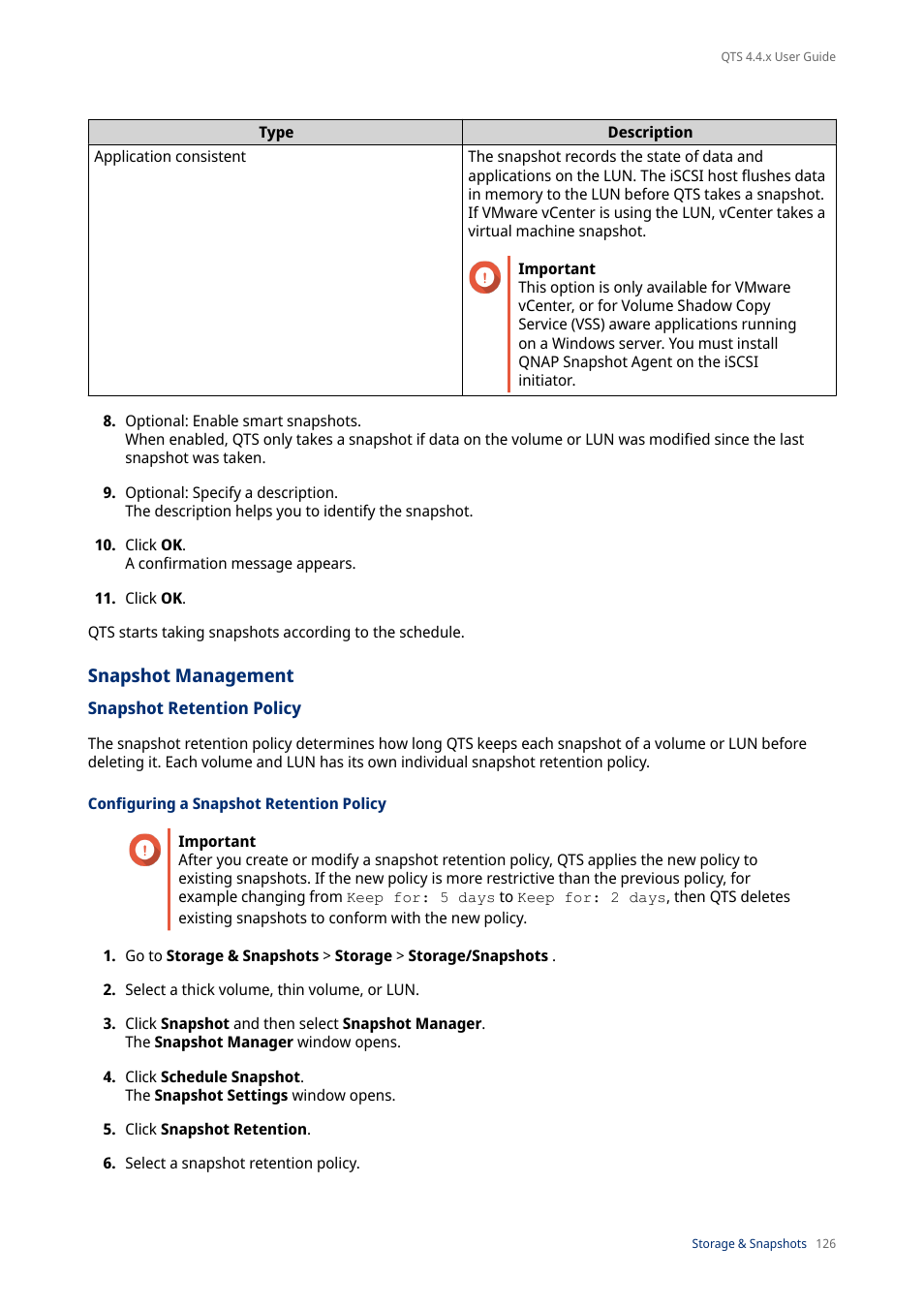 Snapshot management, Snapshot retention policy, Configuring a snapshot retention policy | QNAP TVS-472XT 4-Bay NAS Enclosure User Manual | Page 127 / 468