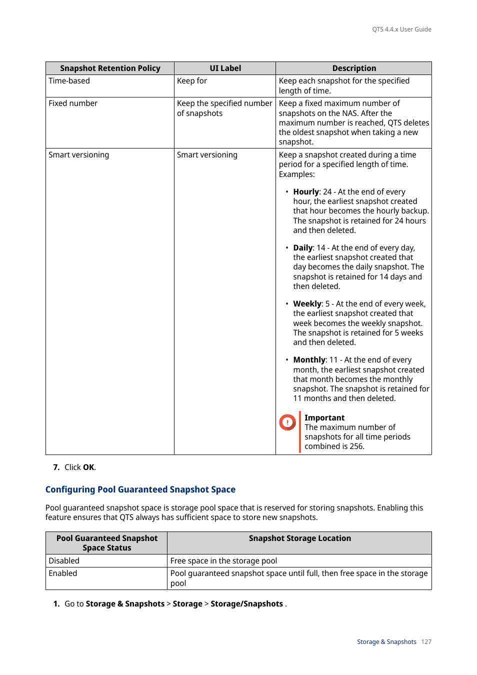 Configuring pool guaranteed snapshot space | QNAP TVS-472XT 4-Bay NAS Enclosure User Manual | Page 128 / 468