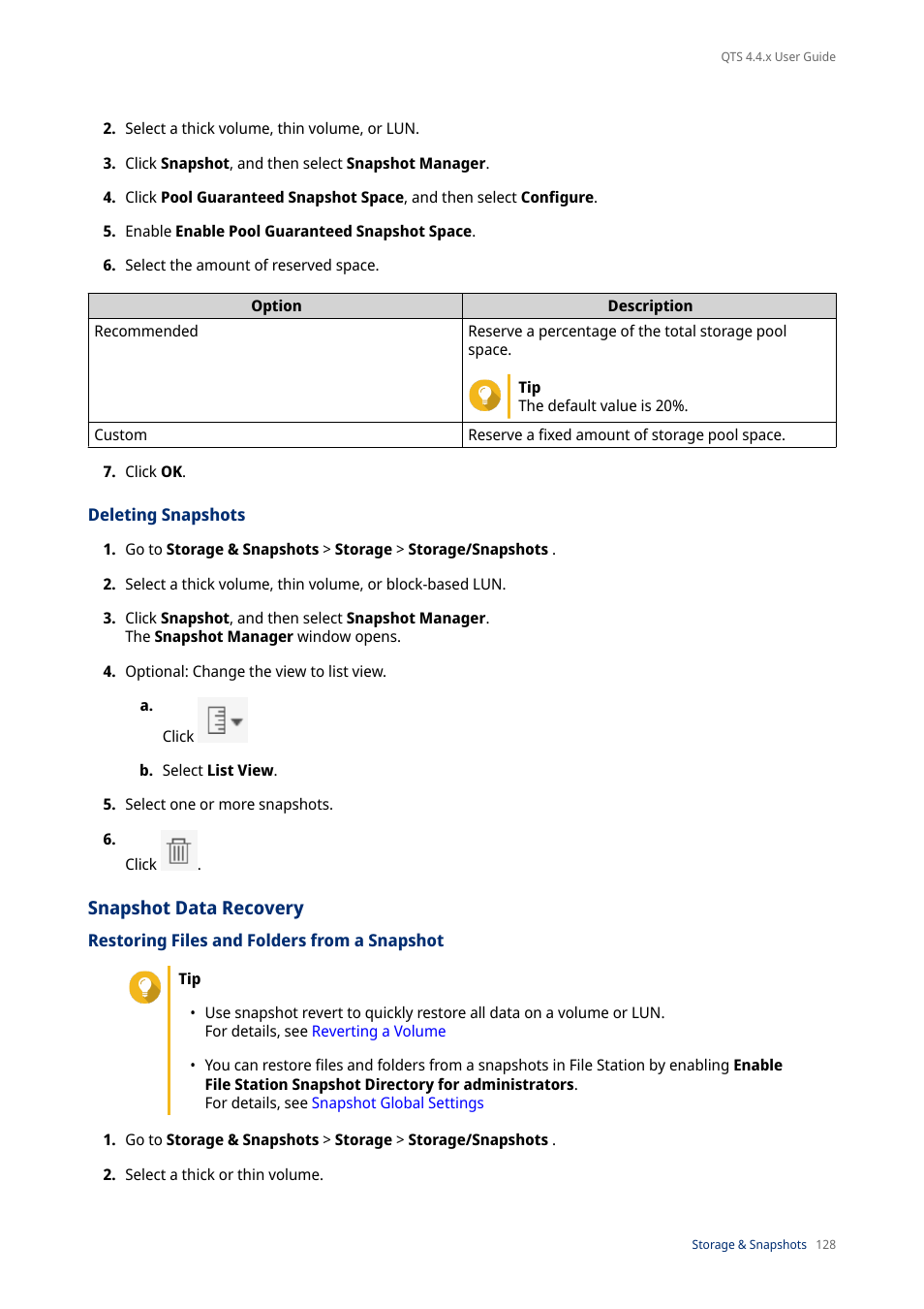 Deleting snapshots, Snapshot data recovery, Restoring files and folders from a snapshot | QNAP TVS-472XT 4-Bay NAS Enclosure User Manual | Page 129 / 468
