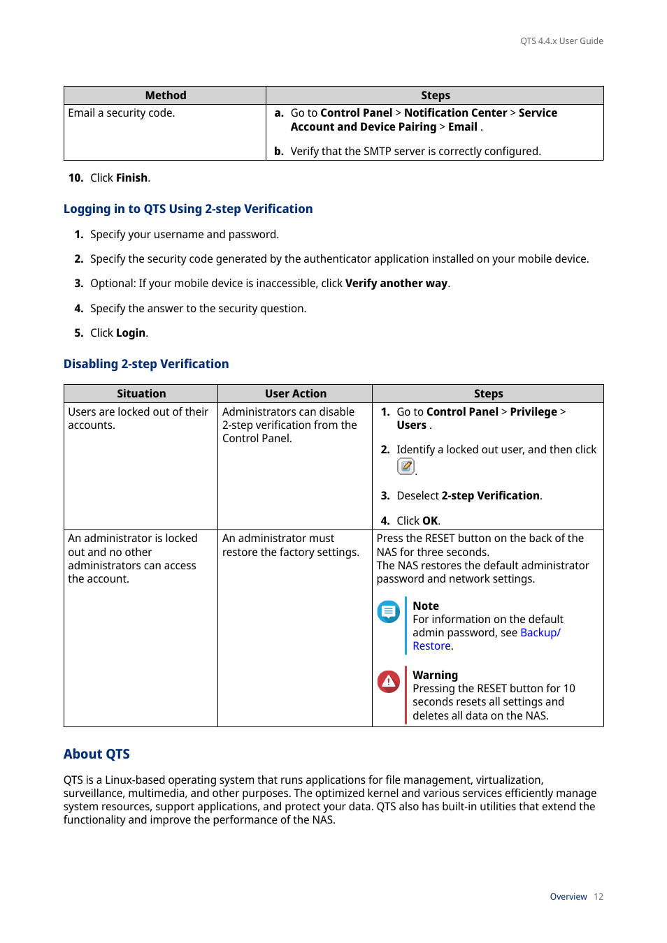 Logging in to qts using 2-step verification, Disabling 2-step verification, About qts | QNAP TVS-472XT 4-Bay NAS Enclosure User Manual | Page 13 / 468