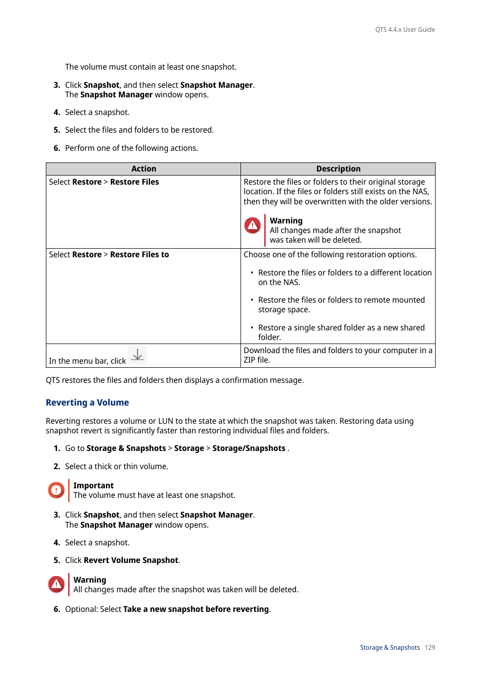 Reverting a volume | QNAP TVS-472XT 4-Bay NAS Enclosure User Manual | Page 130 / 468