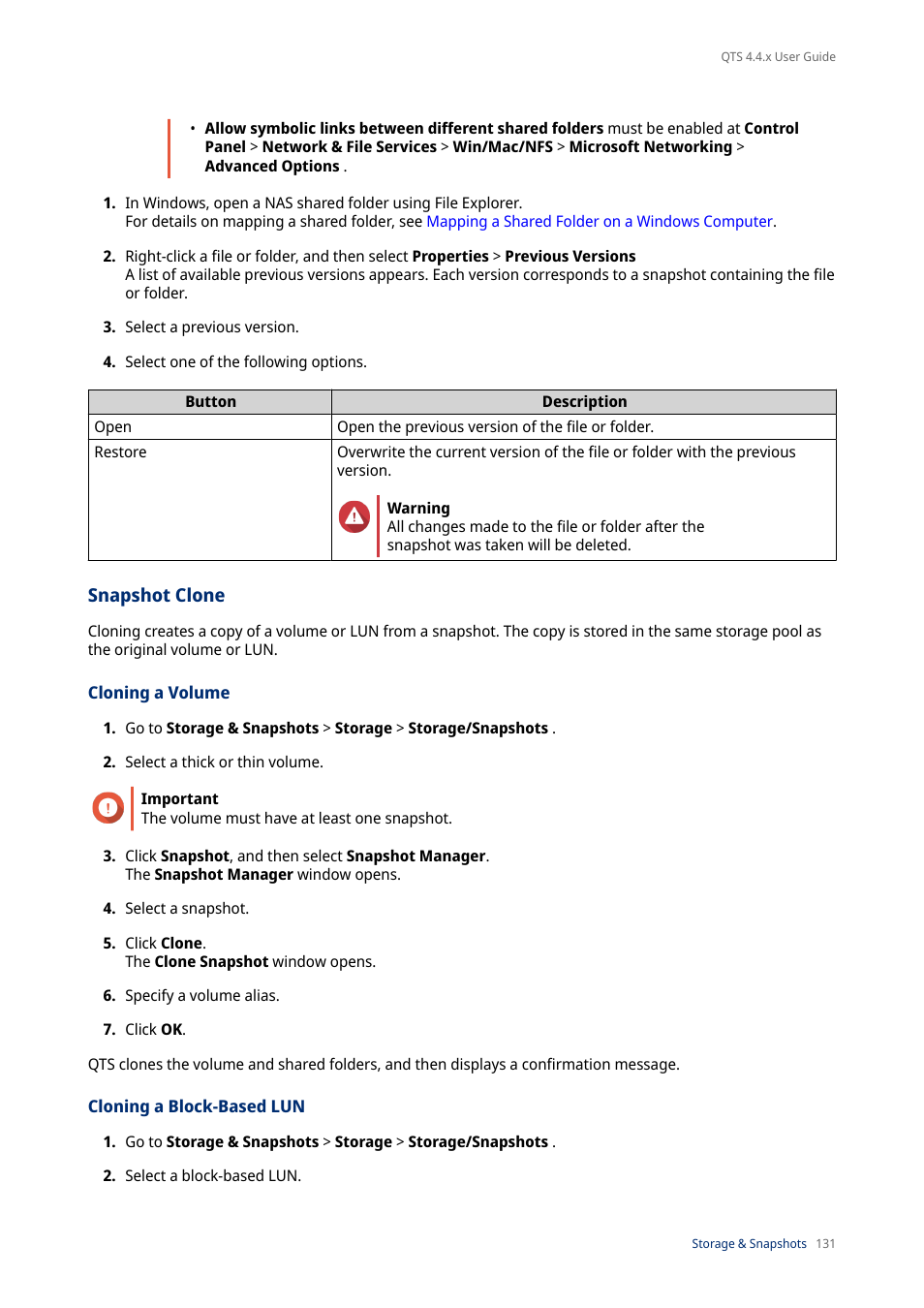 Snapshot clone, Cloning a volume, Cloning a block-based lun | QNAP TVS-472XT 4-Bay NAS Enclosure User Manual | Page 132 / 468