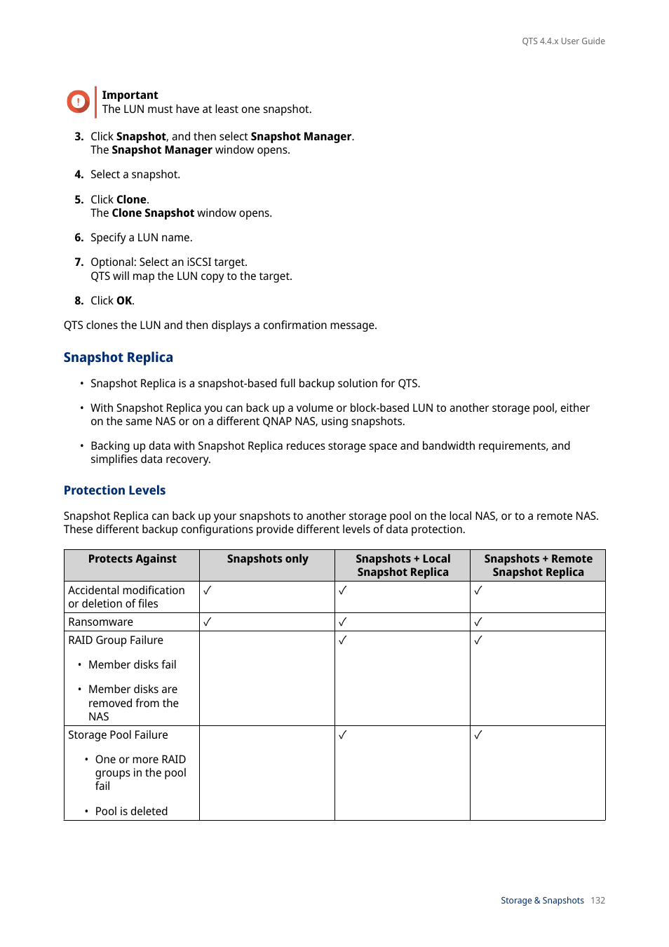 Snapshot replica, Protection levels | QNAP TVS-472XT 4-Bay NAS Enclosure User Manual | Page 133 / 468