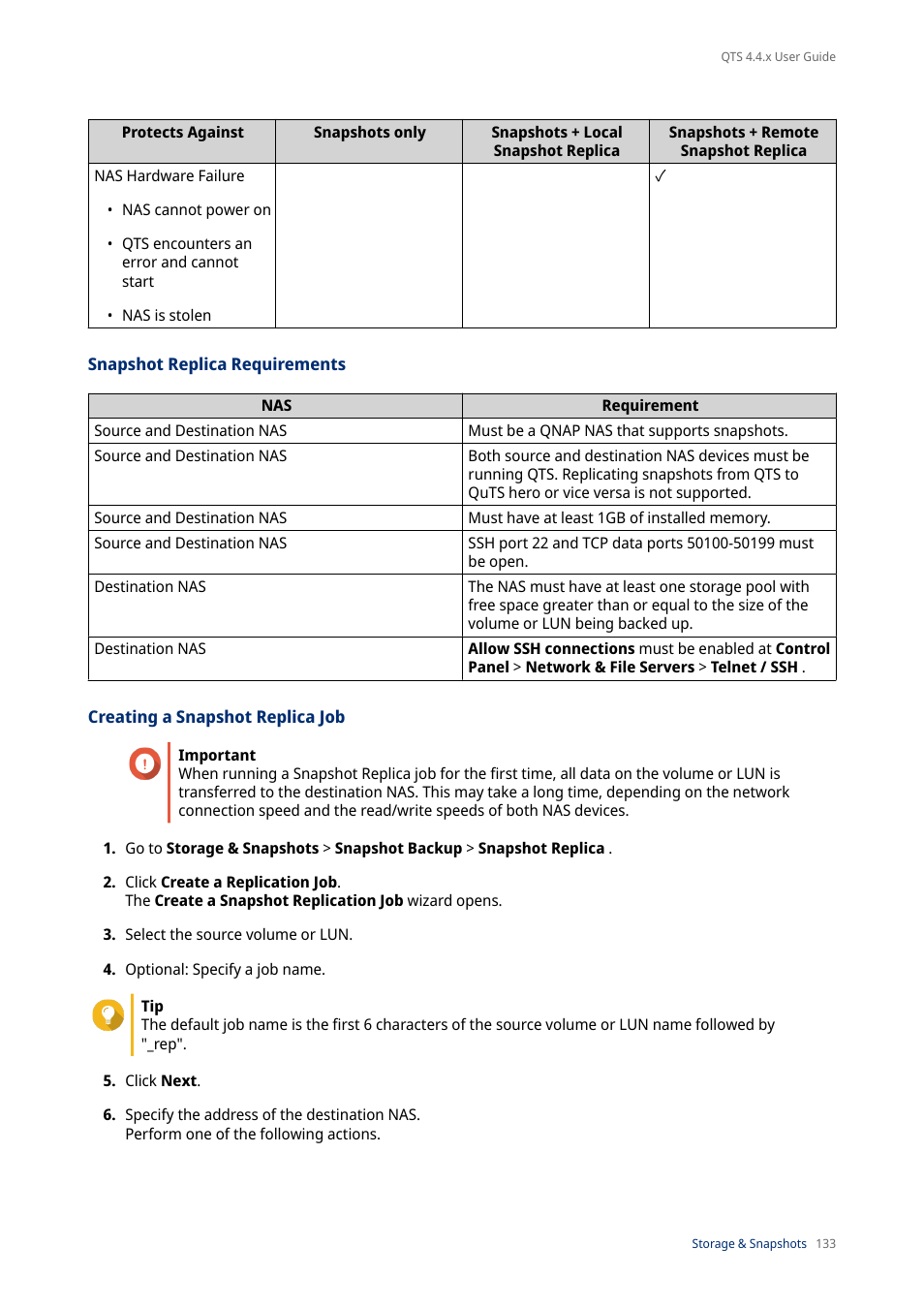 Snapshot replica requirements, Creating a snapshot replica job | QNAP TVS-472XT 4-Bay NAS Enclosure User Manual | Page 134 / 468