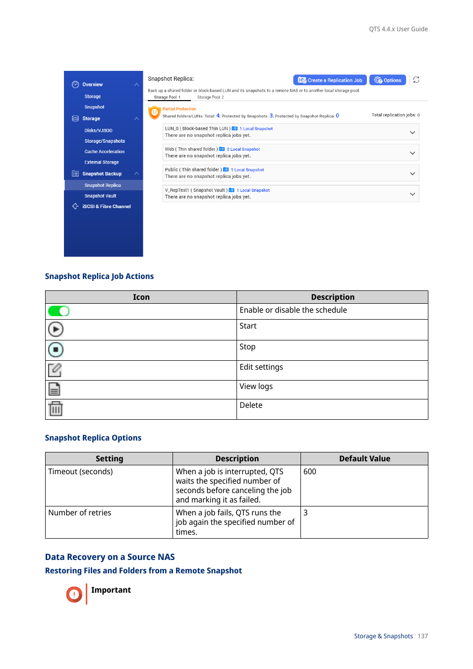 Snapshot replica job actions, Snapshot replica options, Data recovery on a source nas | Restoring files and folders from a remote snapshot | QNAP TVS-472XT 4-Bay NAS Enclosure User Manual | Page 138 / 468