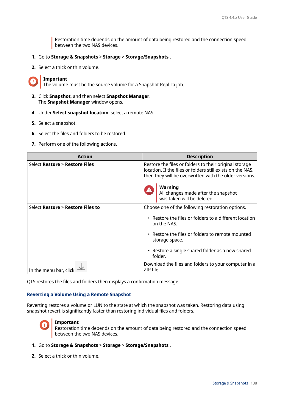 Reverting a volume using a remote snapshot | QNAP TVS-472XT 4-Bay NAS Enclosure User Manual | Page 139 / 468