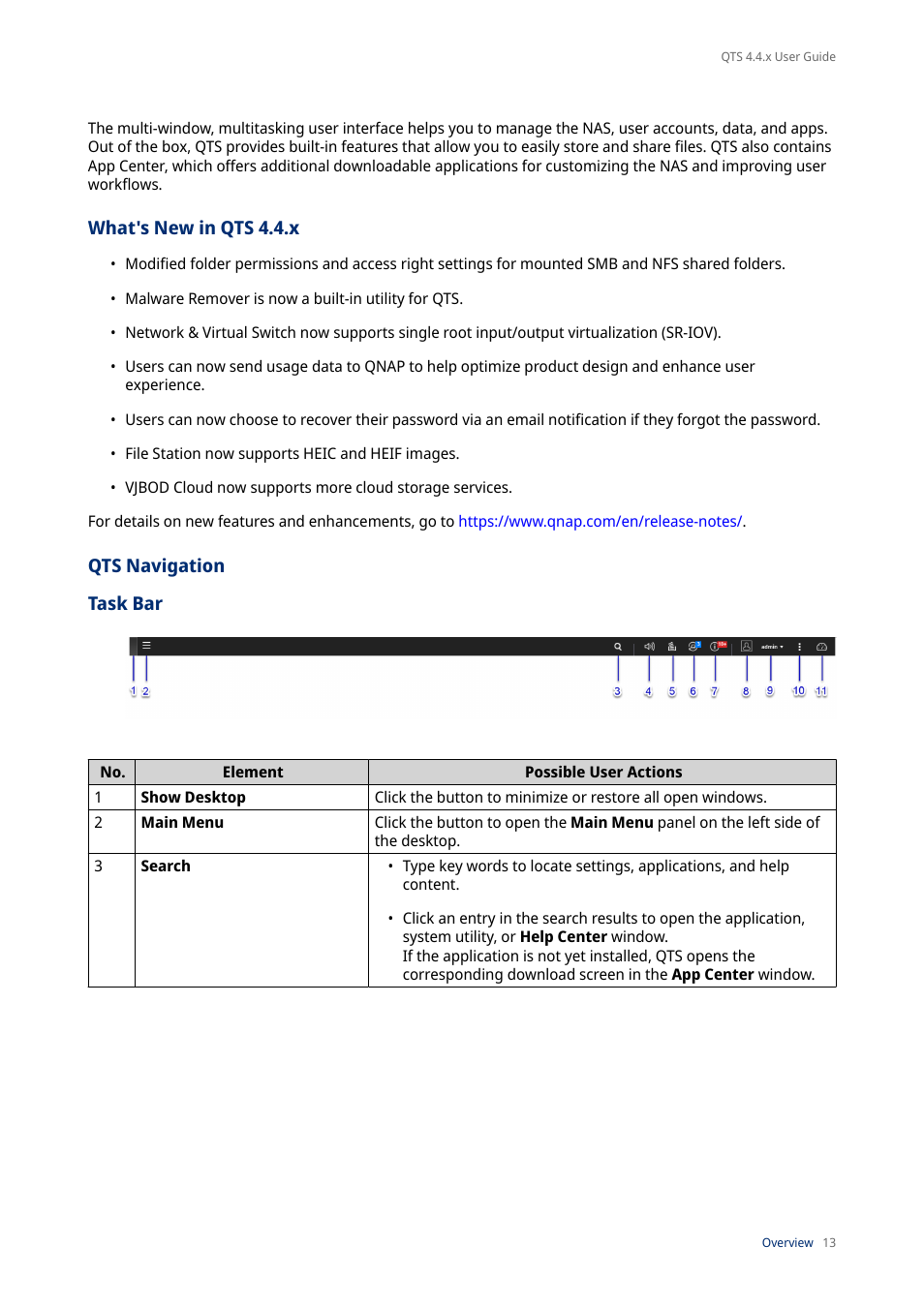 What's new in qts 4.4.x, Qts navigation, Task bar | QNAP TVS-472XT 4-Bay NAS Enclosure User Manual | Page 14 / 468