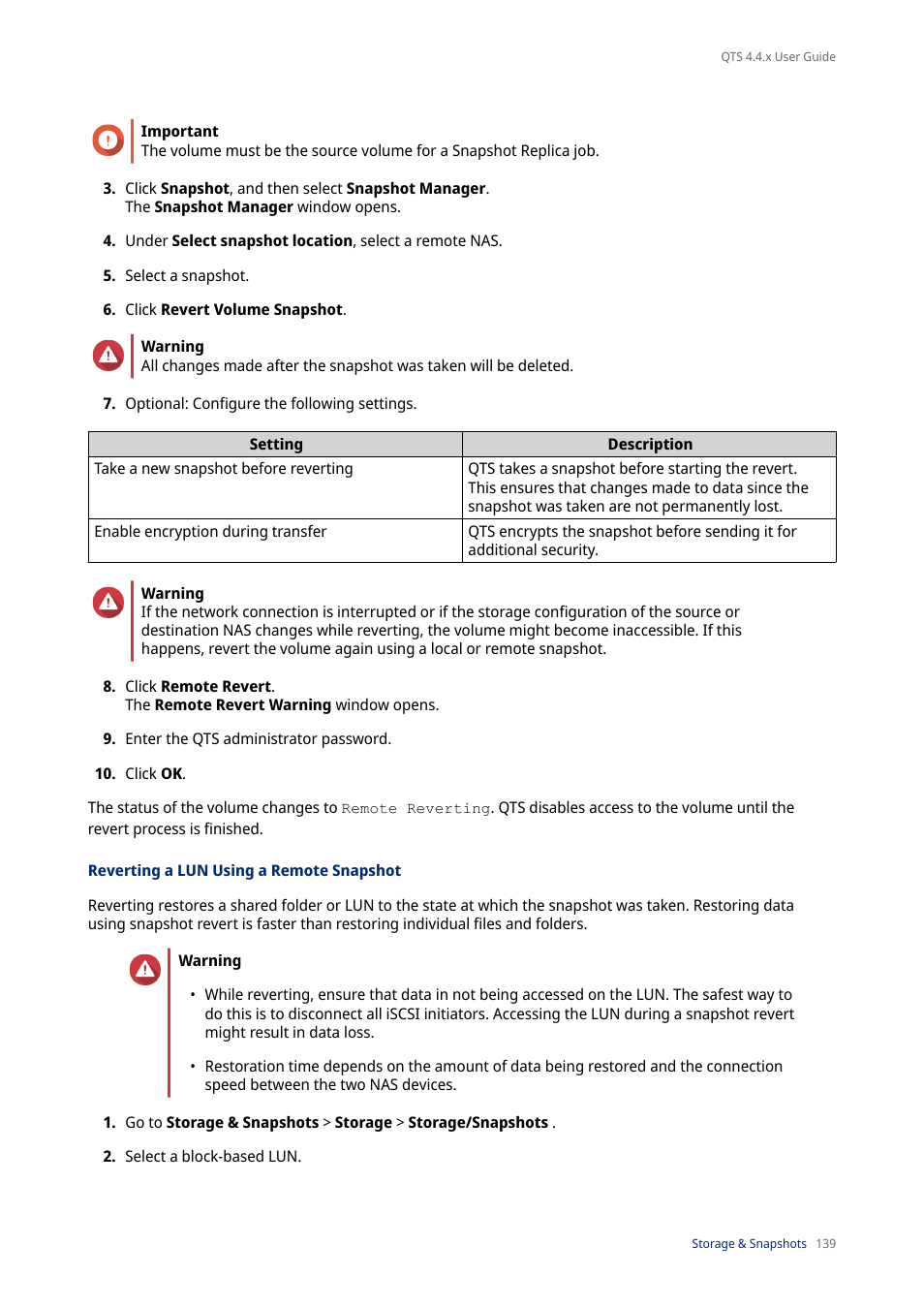 Reverting a lun using a remote snapshot | QNAP TVS-472XT 4-Bay NAS Enclosure User Manual | Page 140 / 468