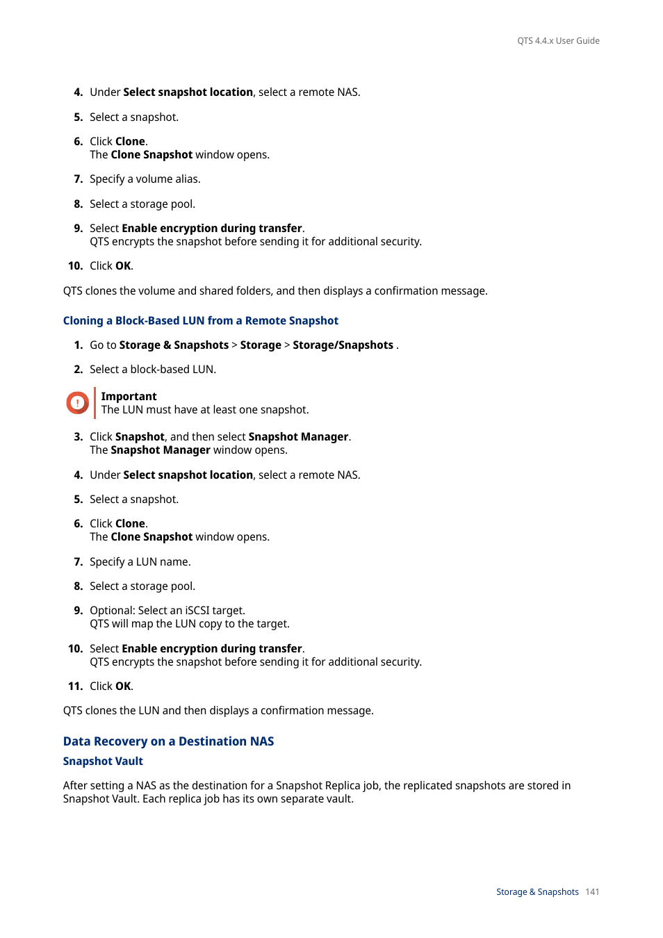 Cloning a block-based lun from a remote snapshot, Data recovery on a destination nas, Snapshot vault | QNAP TVS-472XT 4-Bay NAS Enclosure User Manual | Page 142 / 468