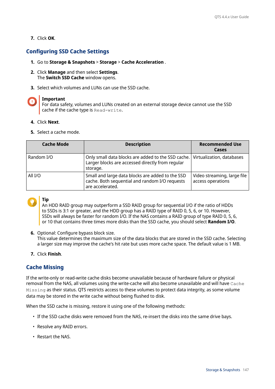 Configuring ssd cache settings, Cache missing | QNAP TVS-472XT 4-Bay NAS Enclosure User Manual | Page 148 / 468