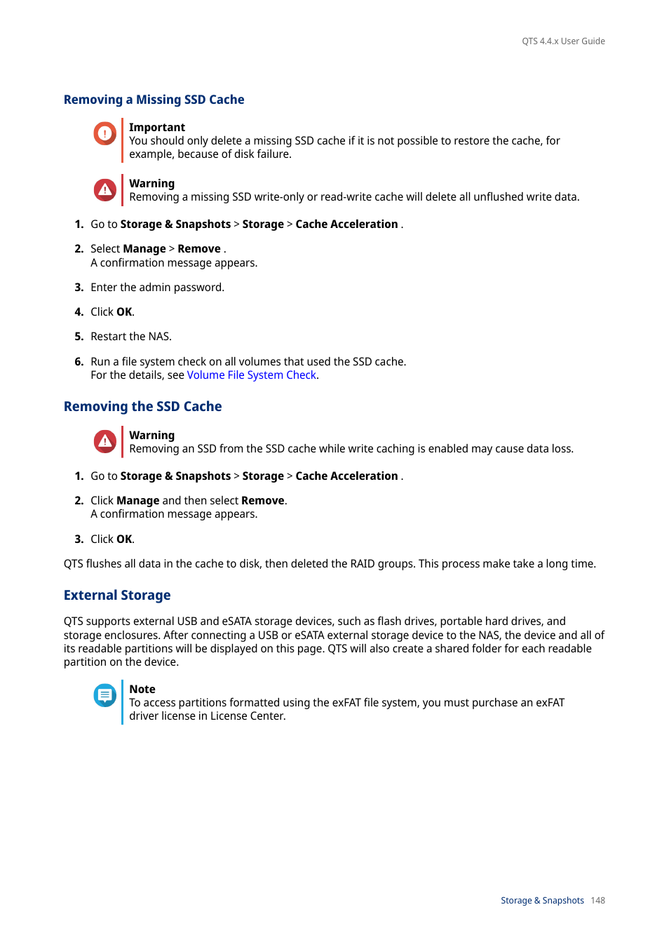 Removing a missing ssd cache, Removing the ssd cache, External storage | QNAP TVS-472XT 4-Bay NAS Enclosure User Manual | Page 149 / 468