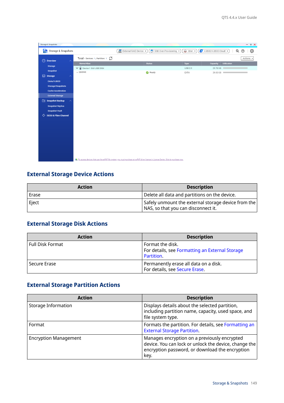 External storage device actions, External storage disk actions, External storage partition actions | QNAP TVS-472XT 4-Bay NAS Enclosure User Manual | Page 150 / 468
