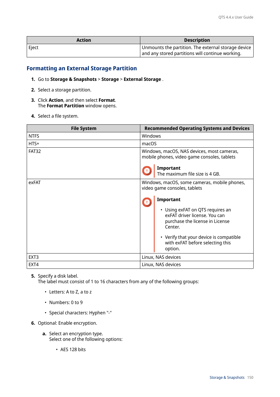 Formatting an external storage partition, Formatting an external storage, Partition | Formats the partition. for details, see, Formatting an, External storage partition | QNAP TVS-472XT 4-Bay NAS Enclosure User Manual | Page 151 / 468