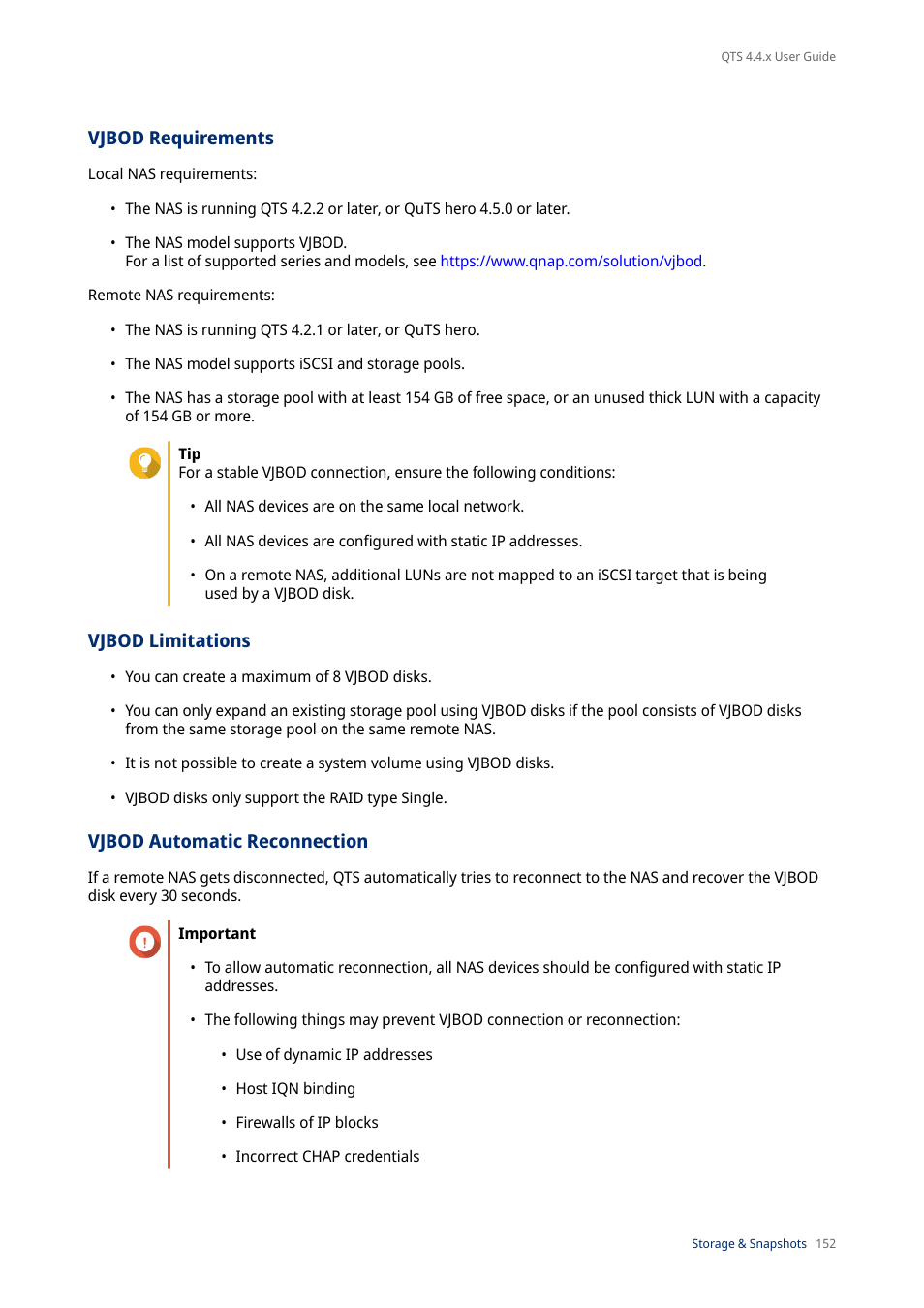 Vjbod requirements, Vjbod limitations, Vjbod automatic reconnection | QNAP TVS-472XT 4-Bay NAS Enclosure User Manual | Page 153 / 468