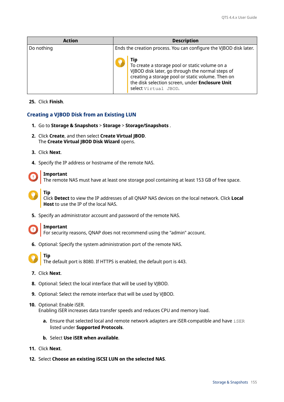 Creating a vjbod disk from an existing lun | QNAP TVS-472XT 4-Bay NAS Enclosure User Manual | Page 156 / 468