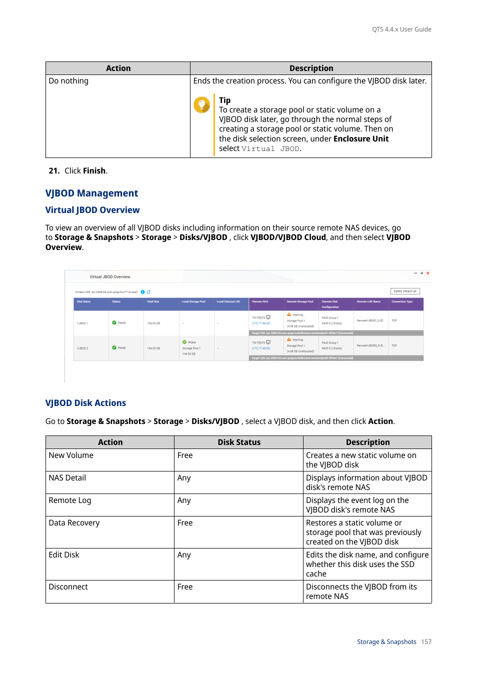 Vjbod management, Virtual jbod overview, Vjbod disk actions | QNAP TVS-472XT 4-Bay NAS Enclosure User Manual | Page 158 / 468