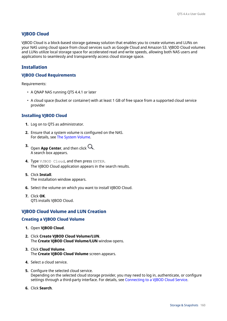 Vjbod cloud, Installation, Vjbod cloud requirements | Installing vjbod cloud, Vjbod cloud volume and lun creation, Creating a vjbod cloud volume | QNAP TVS-472XT 4-Bay NAS Enclosure User Manual | Page 161 / 468