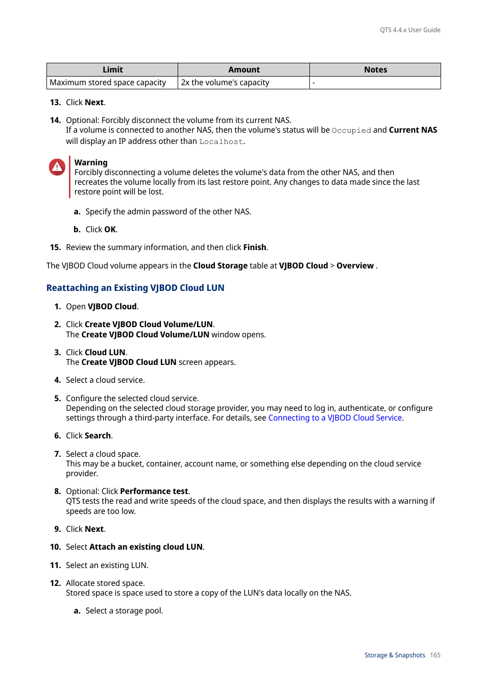 Reattaching an existing vjbod cloud lun | QNAP TVS-472XT 4-Bay NAS Enclosure User Manual | Page 166 / 468