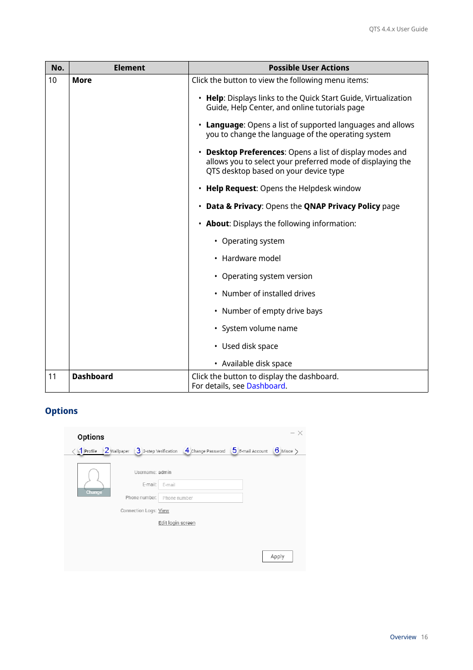 Options, For details, see | QNAP TVS-472XT 4-Bay NAS Enclosure User Manual | Page 17 / 468