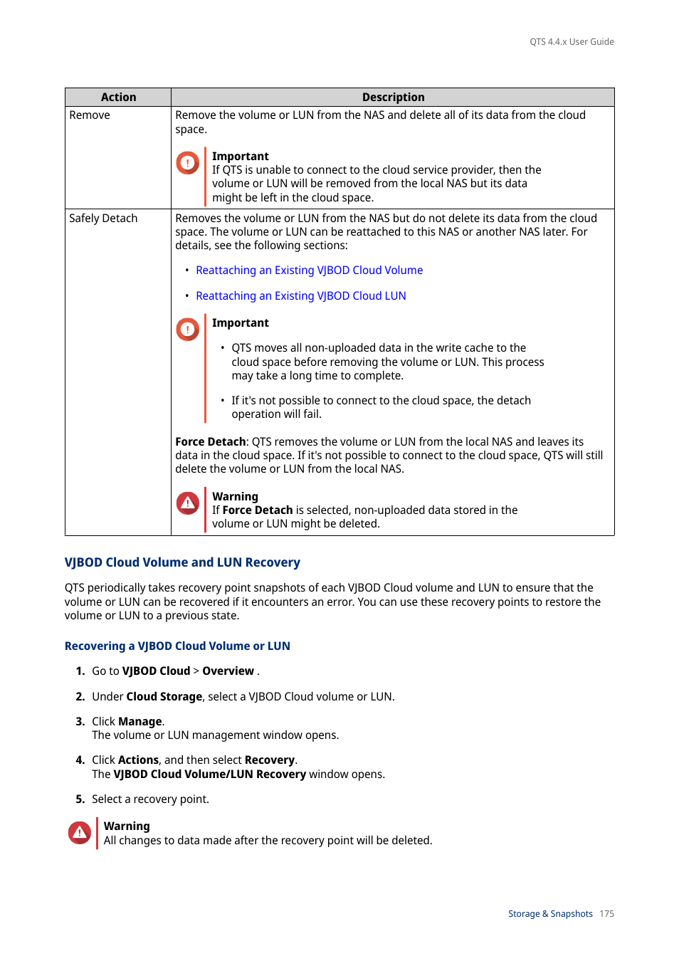 Vjbod cloud volume and lun recovery, Recovering a vjbod cloud volume or lun, Vjbod cloud volume and | Lun recovery, Vjbod cloud volume, And lun recovery | QNAP TVS-472XT 4-Bay NAS Enclosure User Manual | Page 176 / 468
