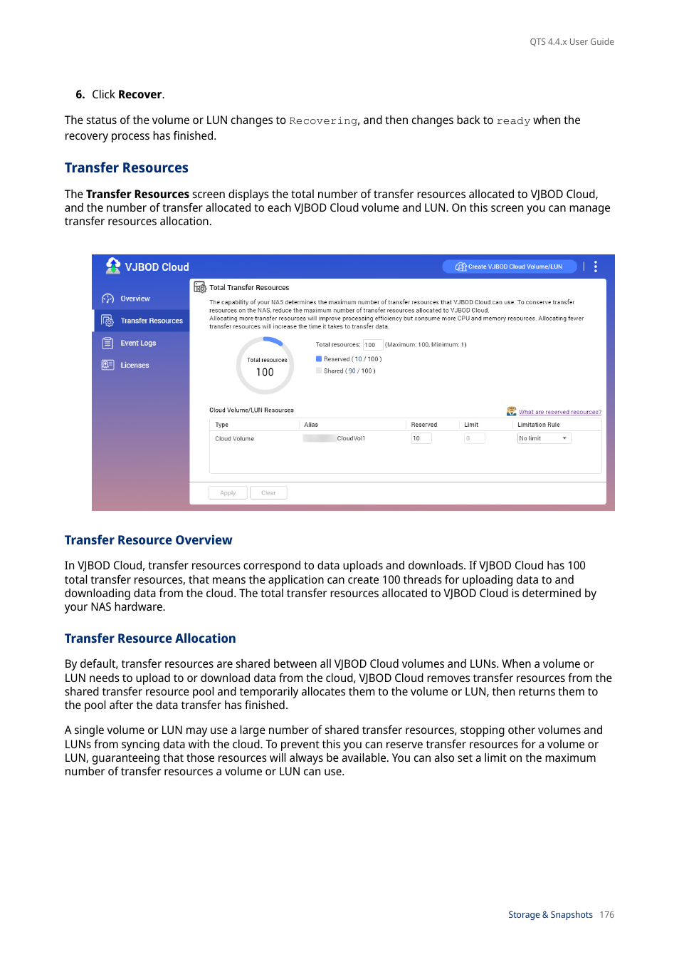 Transfer resources, Transfer resource overview, Transfer resource allocation | QNAP TVS-472XT 4-Bay NAS Enclosure User Manual | Page 177 / 468
