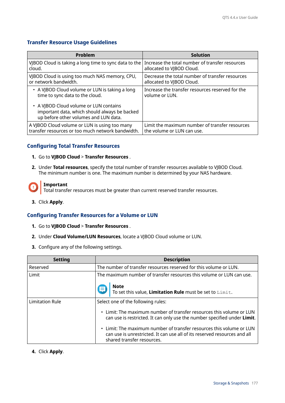 Transfer resource usage guidelines, Configuring total transfer resources, Configuring transfer resources for a volume or lun | QNAP TVS-472XT 4-Bay NAS Enclosure User Manual | Page 178 / 468