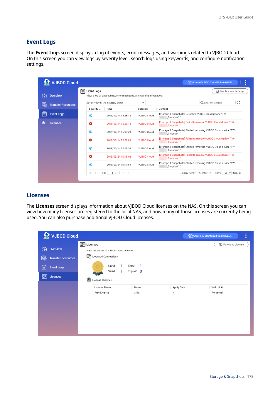 Event logs, Licenses | QNAP TVS-472XT 4-Bay NAS Enclosure User Manual | Page 179 / 468