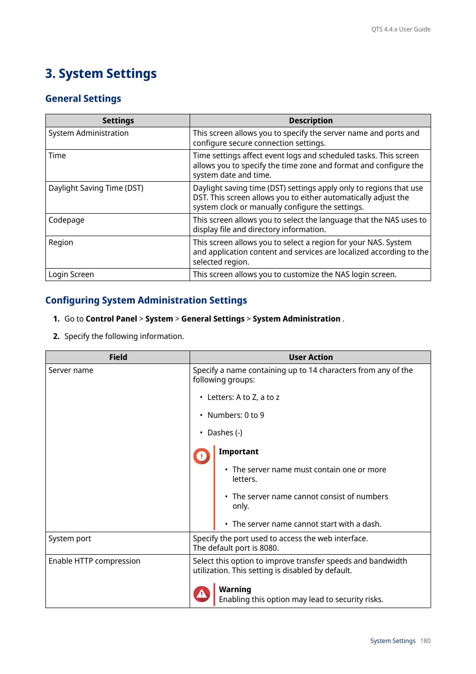 System settings, General settings, Configuring system administration settings | QNAP TVS-472XT 4-Bay NAS Enclosure User Manual | Page 181 / 468