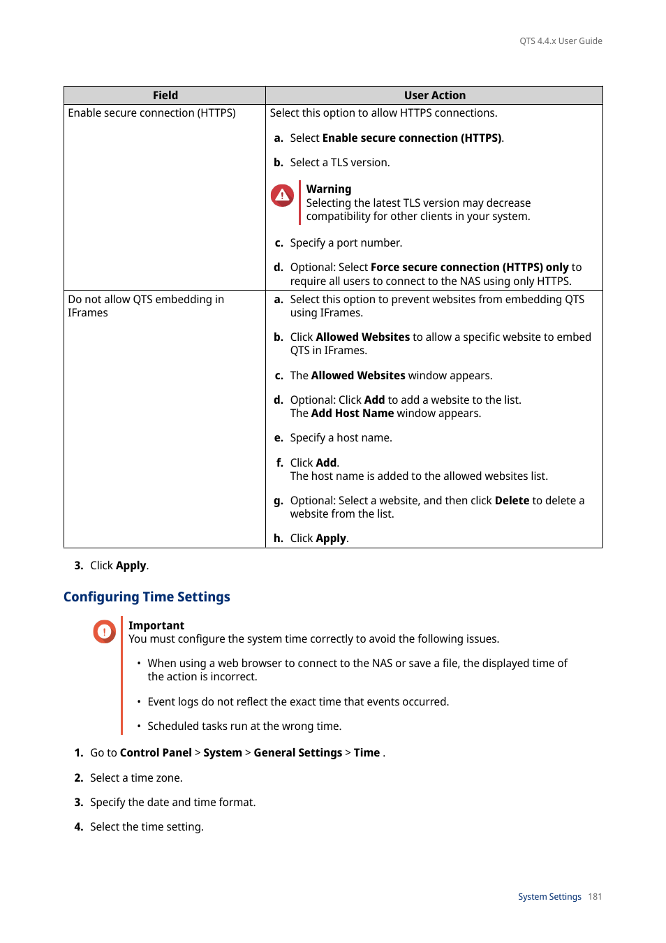 Configuring time settings | QNAP TVS-472XT 4-Bay NAS Enclosure User Manual | Page 182 / 468