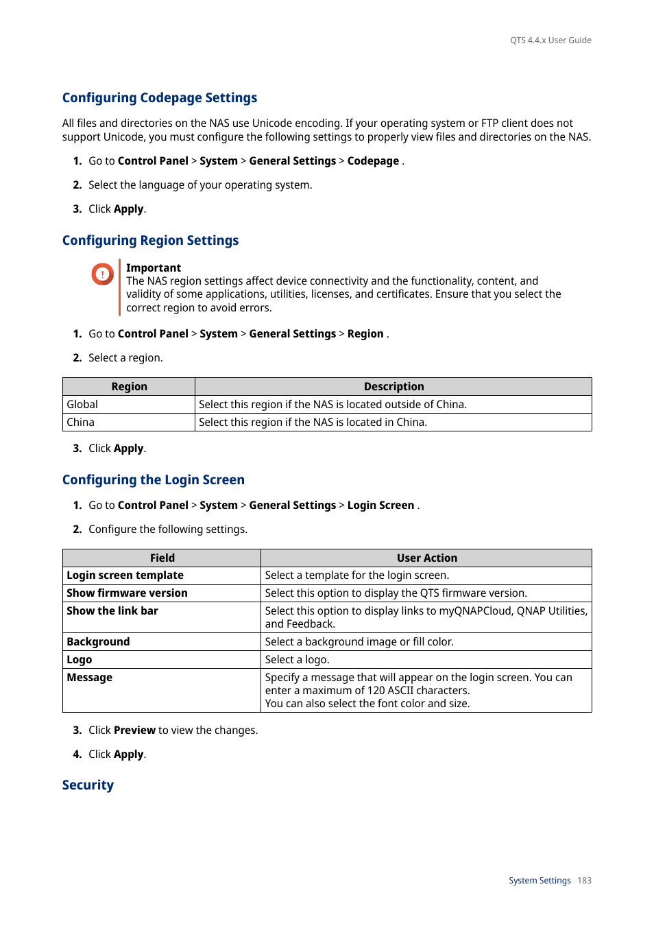 Configuring region settings, Configuring the login screen, Security | QNAP TVS-472XT 4-Bay NAS Enclosure User Manual | Page 184 / 468